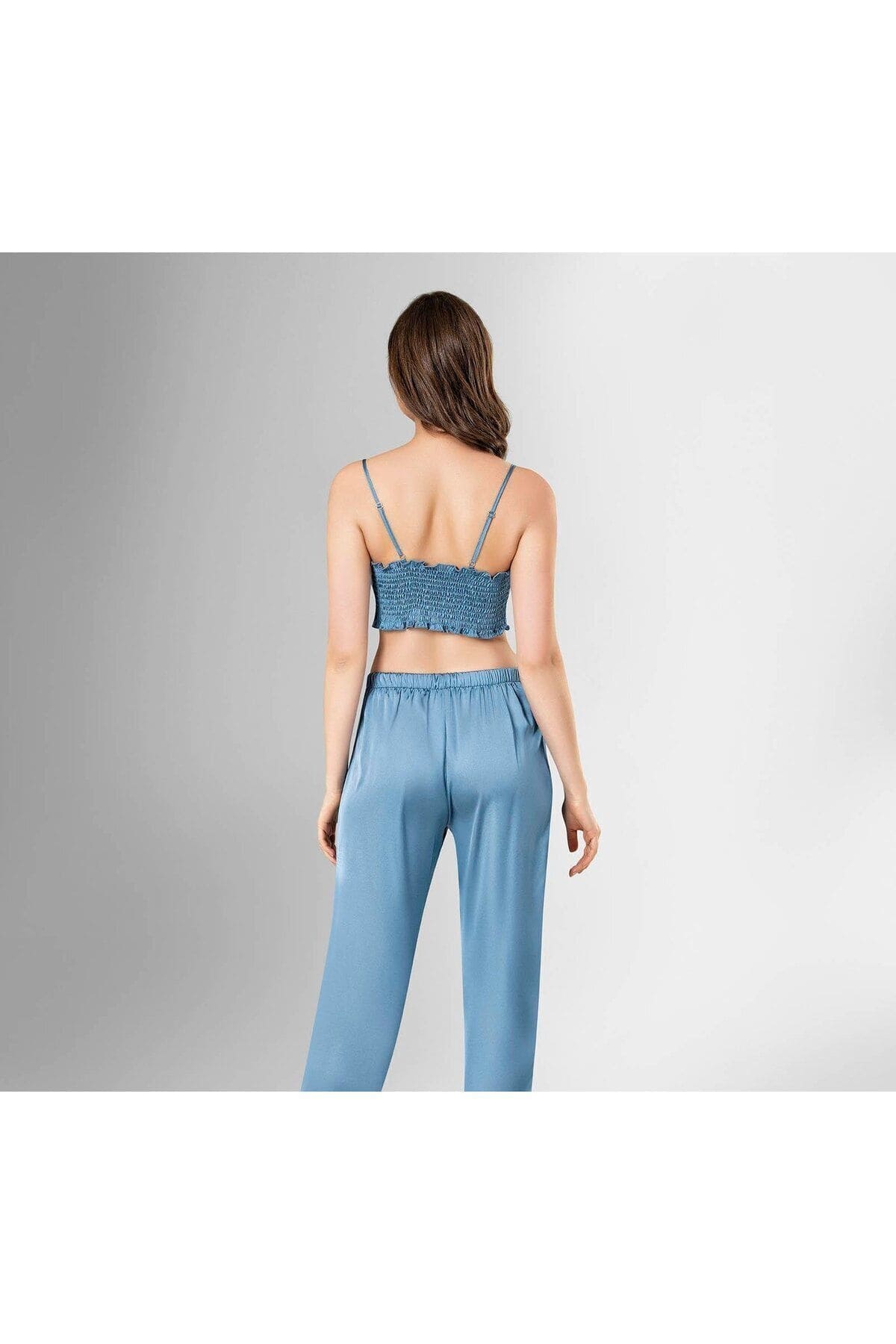 3'lü Mavi Büstiyerli Sabahlıklı Pijama Takımı Ahu 1825 - Mavi