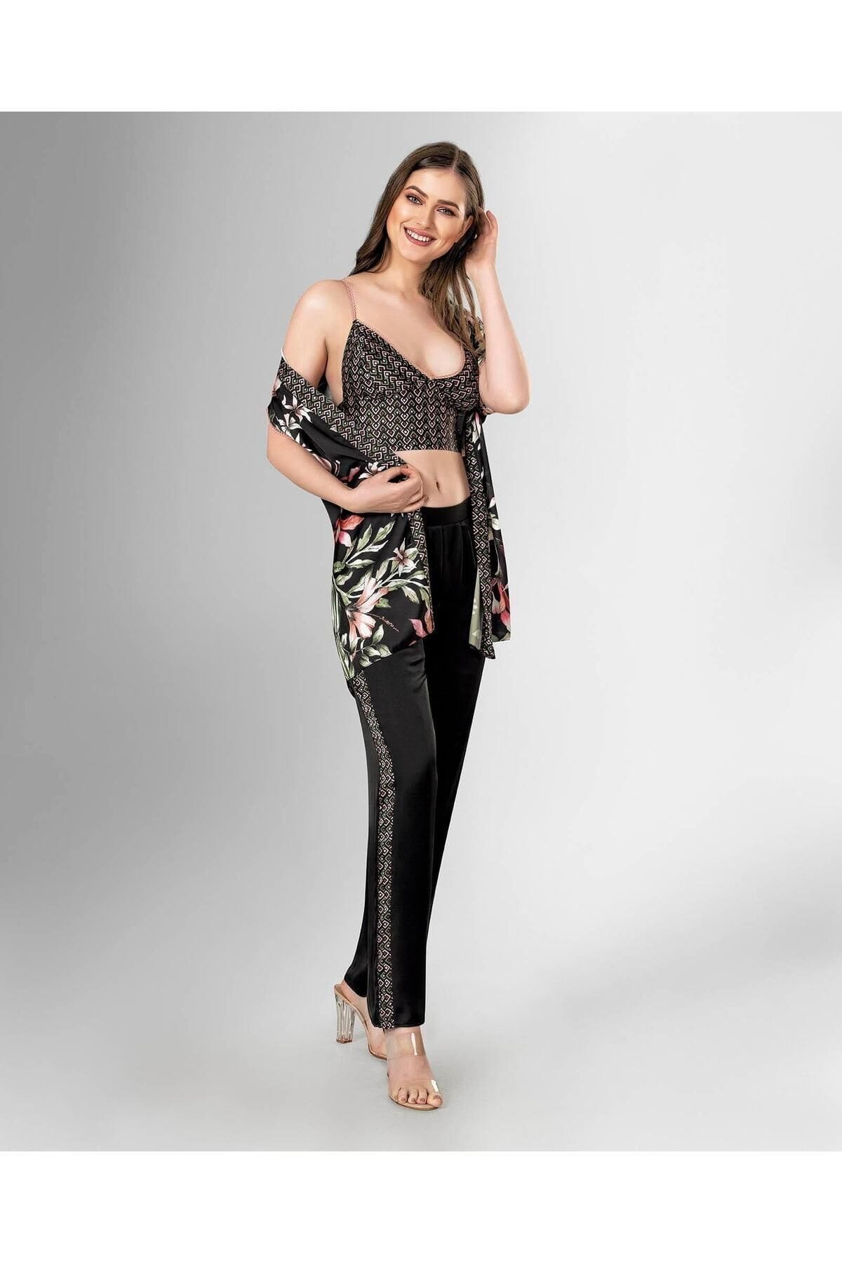 Pamuklu 3'lü Pijama Takımı Somon Ahu 1802 - Siyah