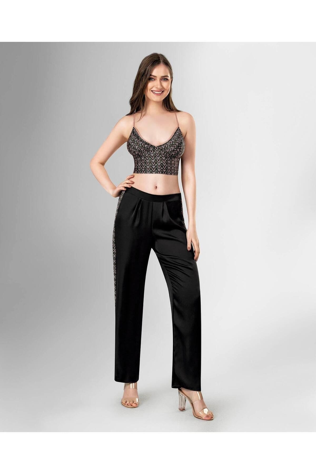 Pamuklu 3'lü Pijama Takımı Somon Ahu 1802 - Siyah