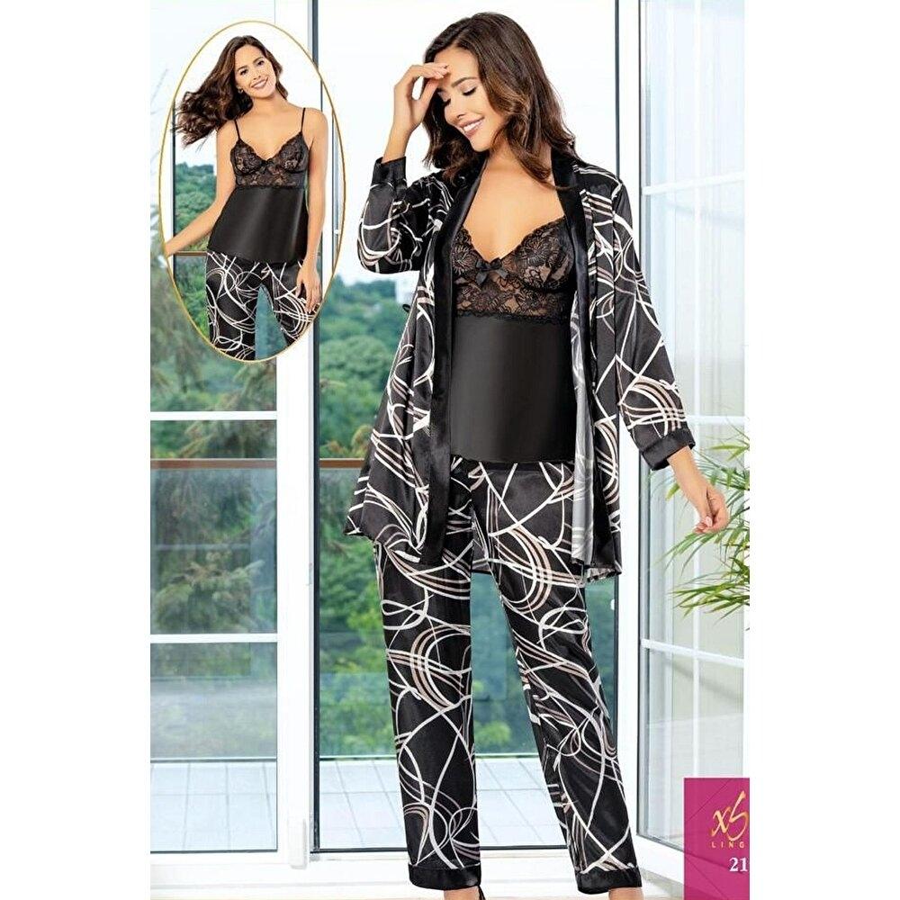 Dijital Desenli Dantelli Saten Sabahlık Pijama Çeyiz Seti XSES 2151 - Siyah