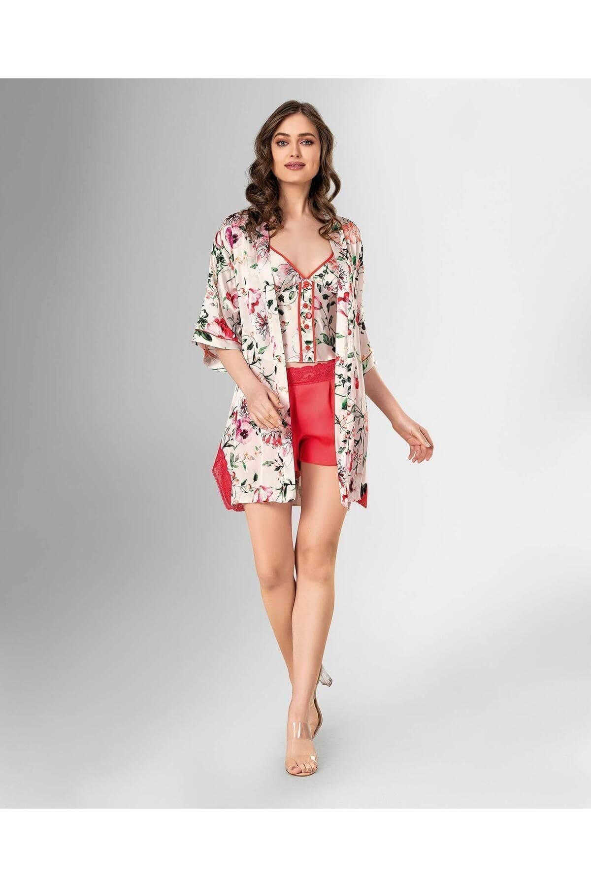 Desenli Şort Takımı Büstiyer+Sabahlık+Şort Ahu 1827 - Kırmızı