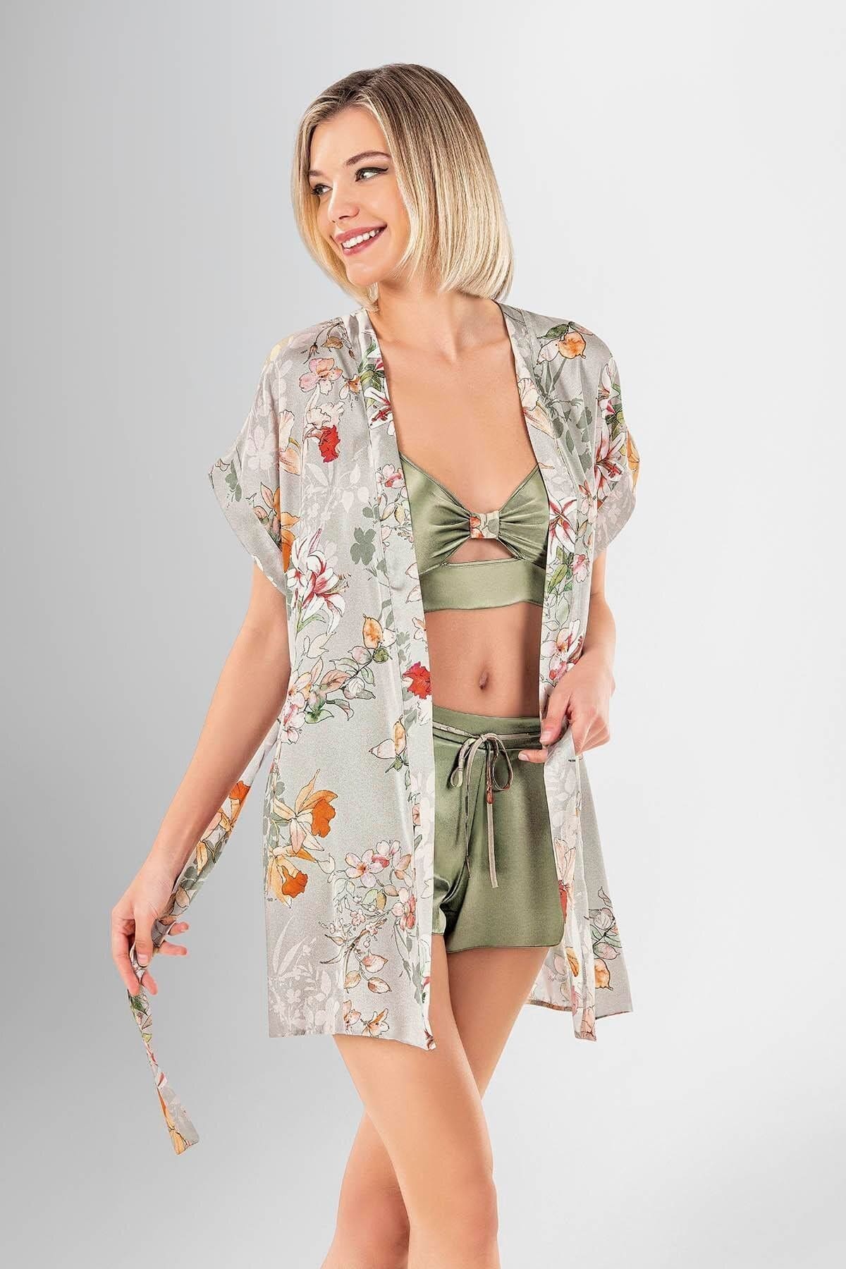 Desenli Şort Takımı Üçlü Kadın Ahu 1913 - Yeşil