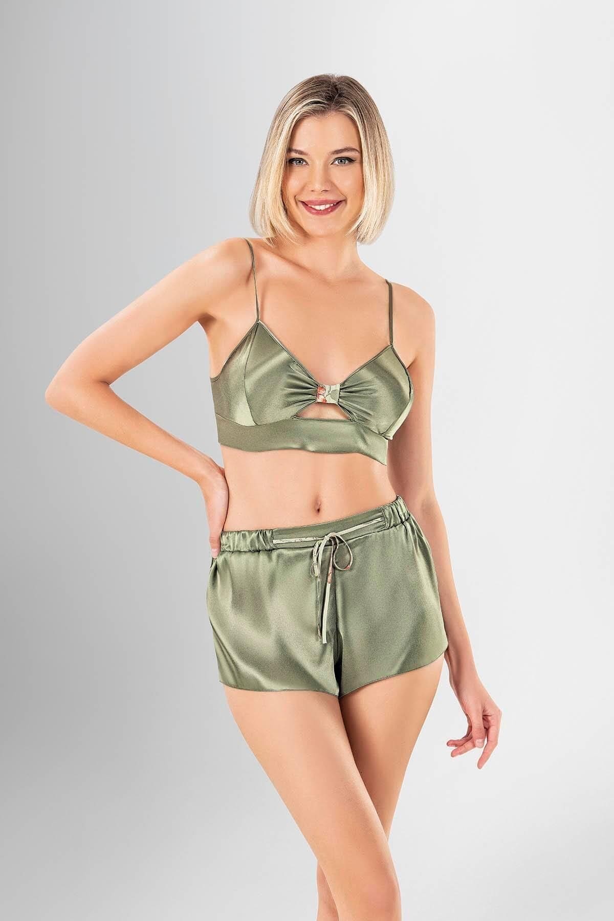 Desenli Şort Takımı Üçlü Kadın Ahu 1913 - Yeşil