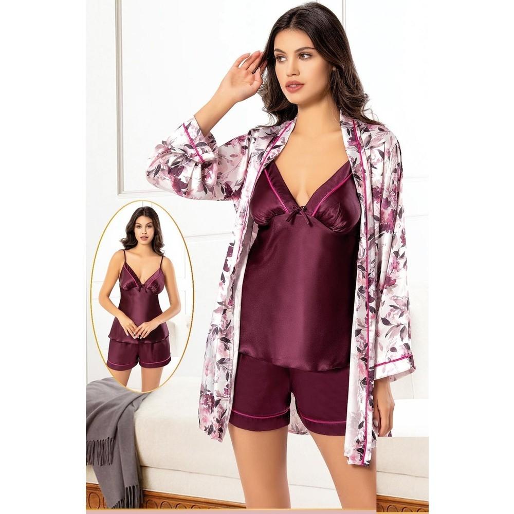 Desenli Saten 3'lü Sabahlık Pijama Çeyiz Seti XSES 2156 - Mor