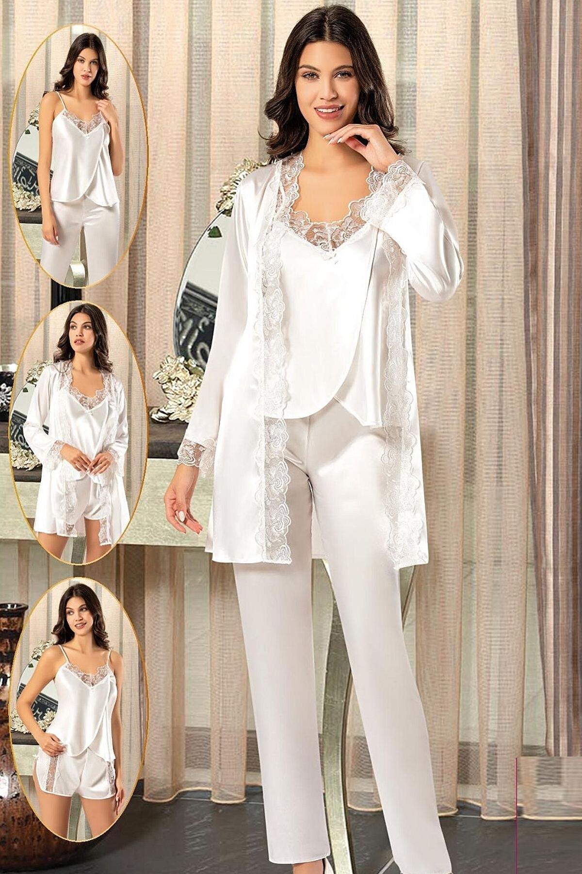 Saten Doku ve Ekru Renkli Sabahlık Şort Pijama Seti XSES 2165 - Ekru