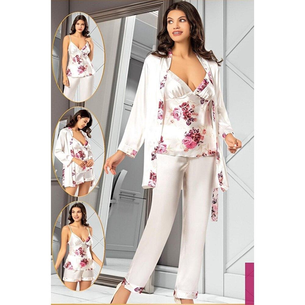 Çiçek Desenli Saten Şortlu Sabahlık Pijama Seti XSES 2155 - Pembe