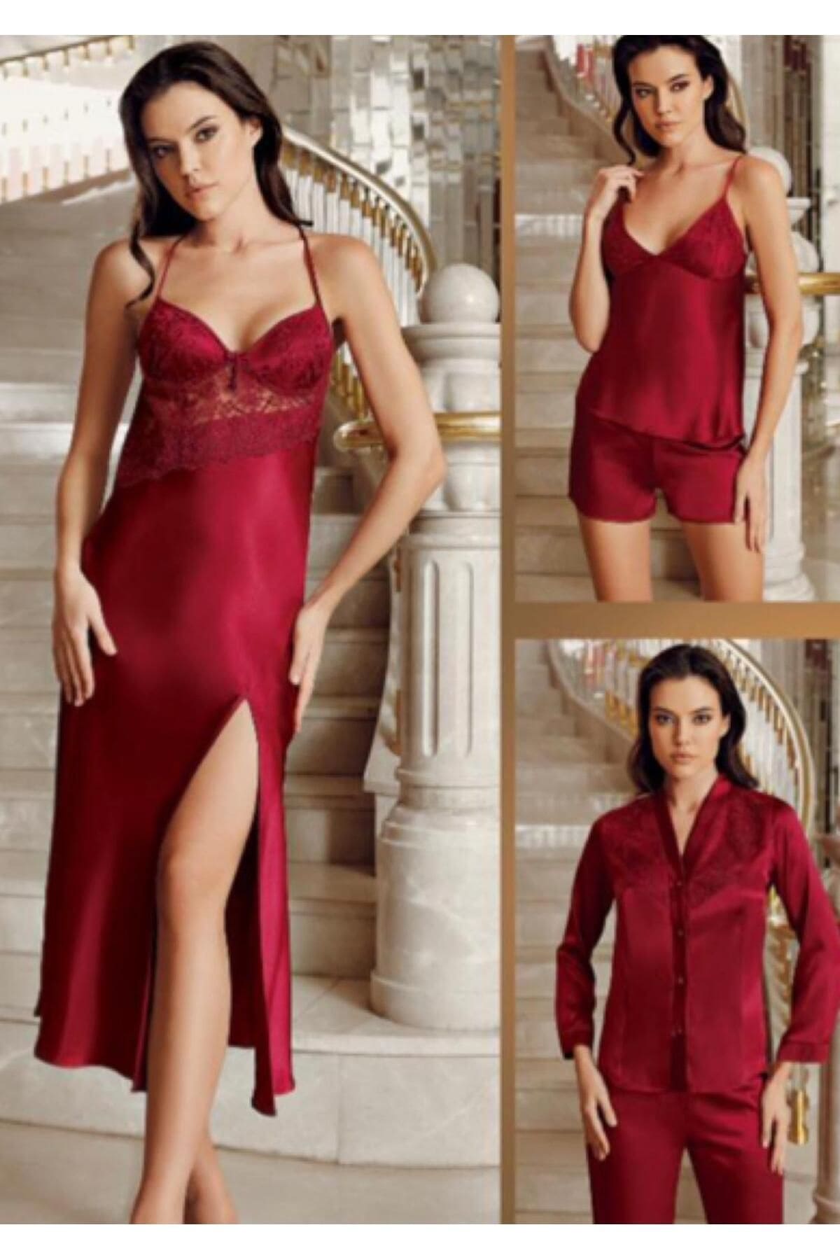 Saten Dantel Detaylı Gelin Çeyiz Seti İmaj 1020 - Bordo