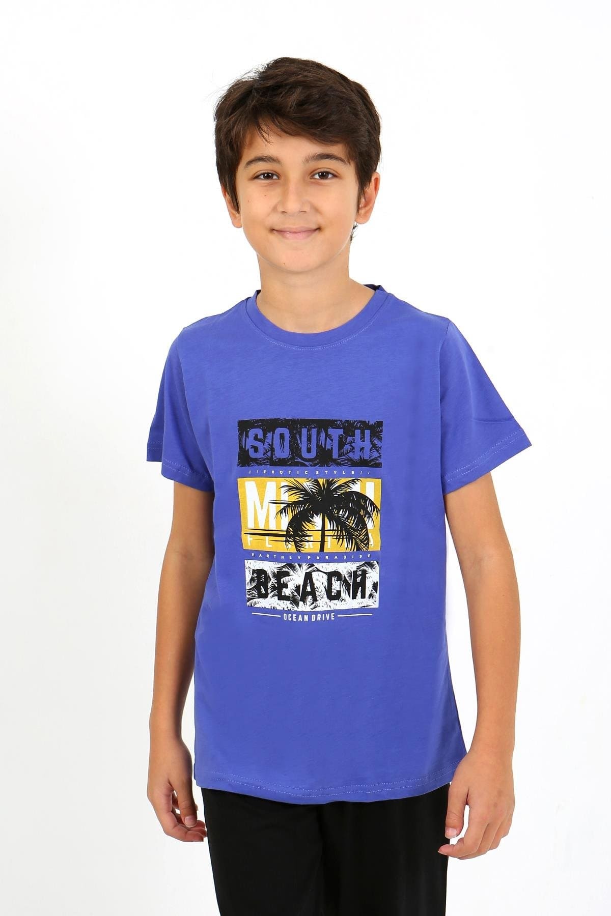 Yuvarlak Yaka Kısa Kollu Penye Erkek Çocuk Pijama Takım Akbeniz 20758 - Saks