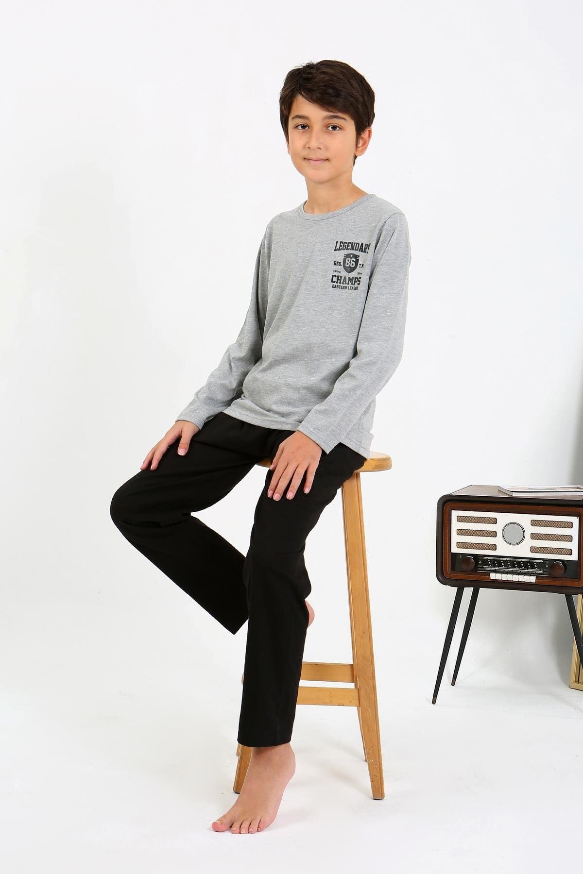 Yuvarlak Yaka Uzun Kol Penye Erkek Çocuk Pijama Takım Akbeniz 20437 - Gri