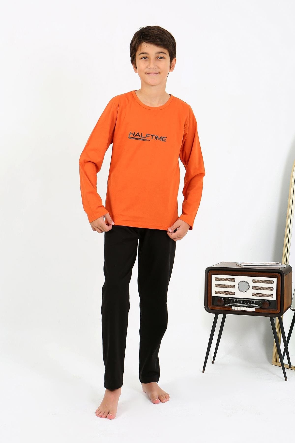 Penye Turuncu Erkek Çocuk Uzun Kol Pijama Takım Akbeniz 20437 - Turuncu