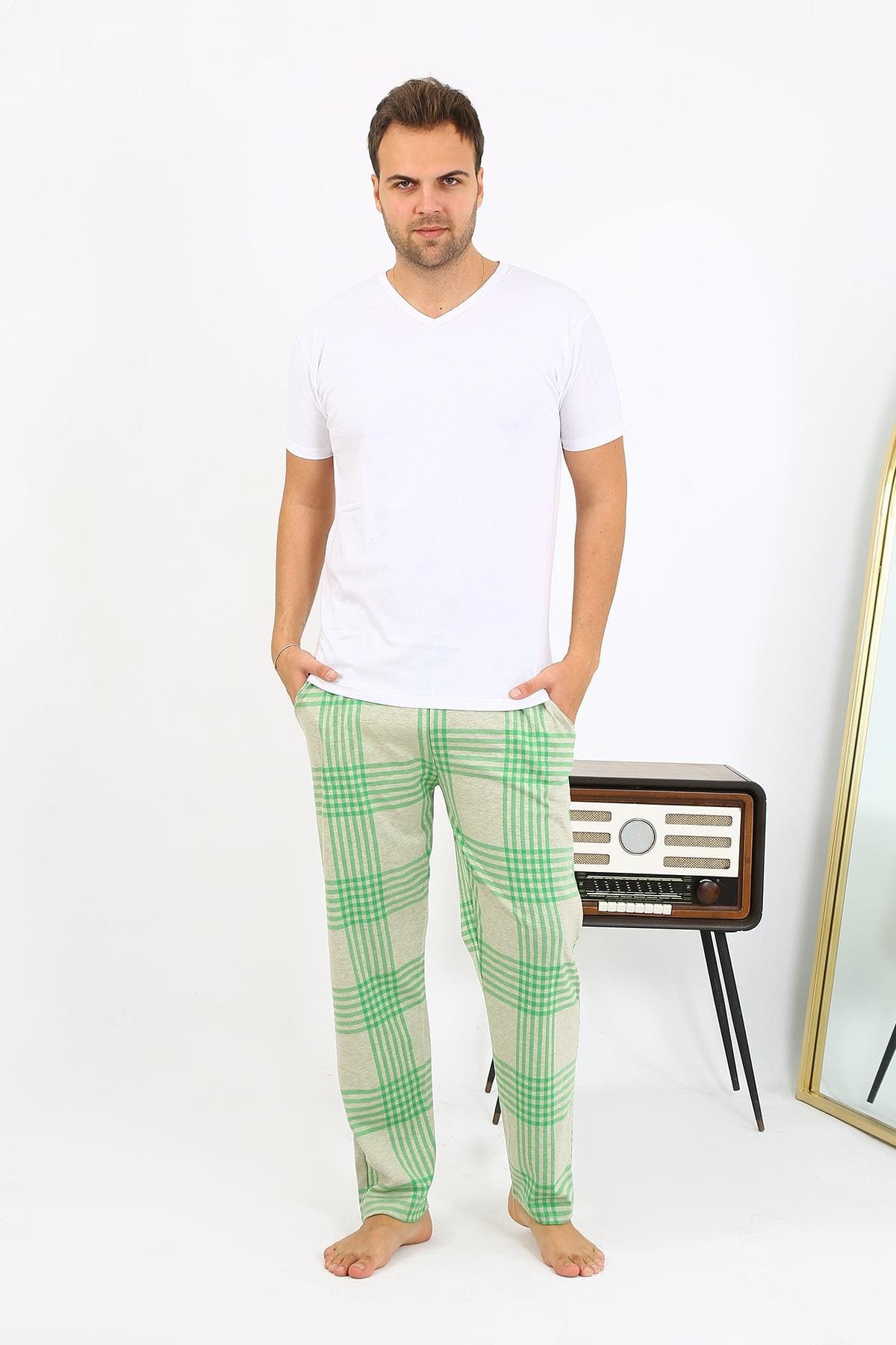 Ekoseli Desen Penye Erkek Tek Alt Pijama Akbeniz 27540 - Yeşil