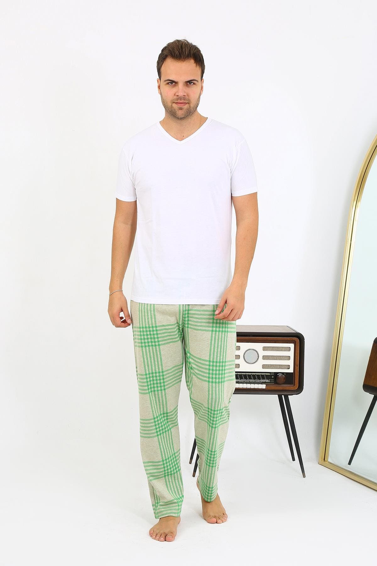 Ekoseli Desen Penye Erkek Tek Alt Pijama Akbeniz 27540 - Yeşil