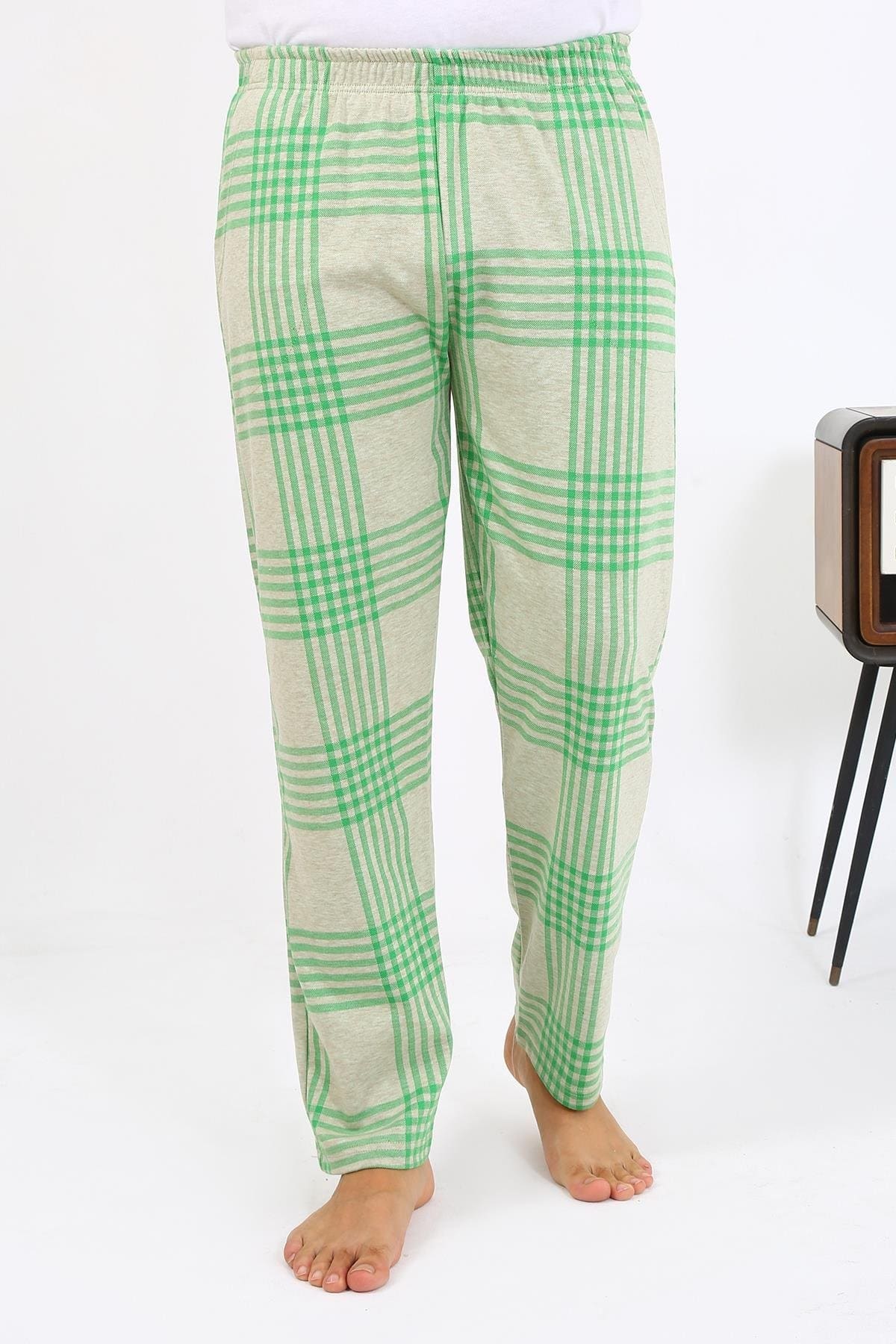 Ekoseli Desen Penye Erkek Tek Alt Pijama Akbeniz 27540 - Yeşil