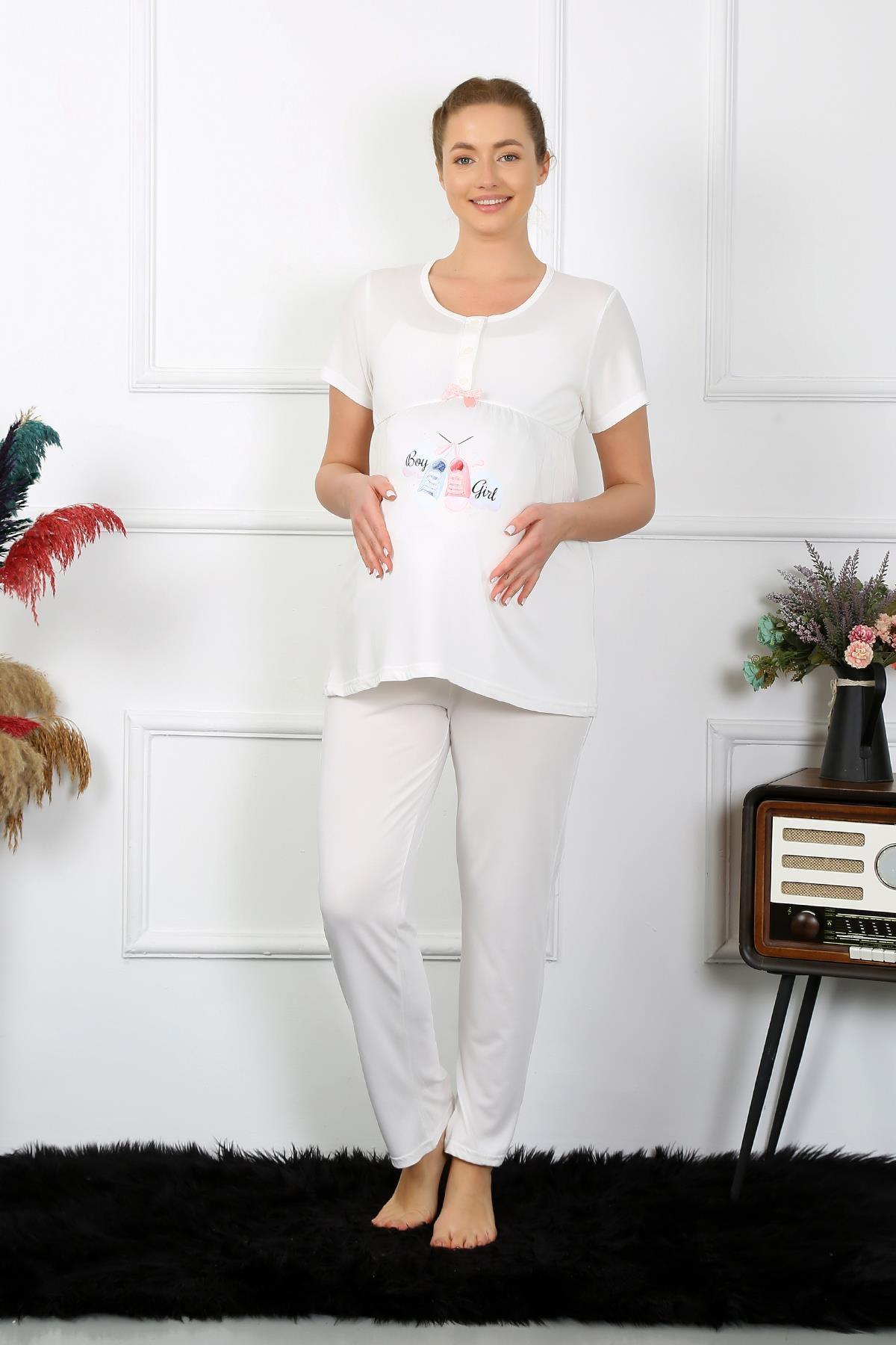 Patik Desenli Kısa Kollu Hamile Lohusa Pijama Takımı Ekru Akbeniz 45210 - Ekru