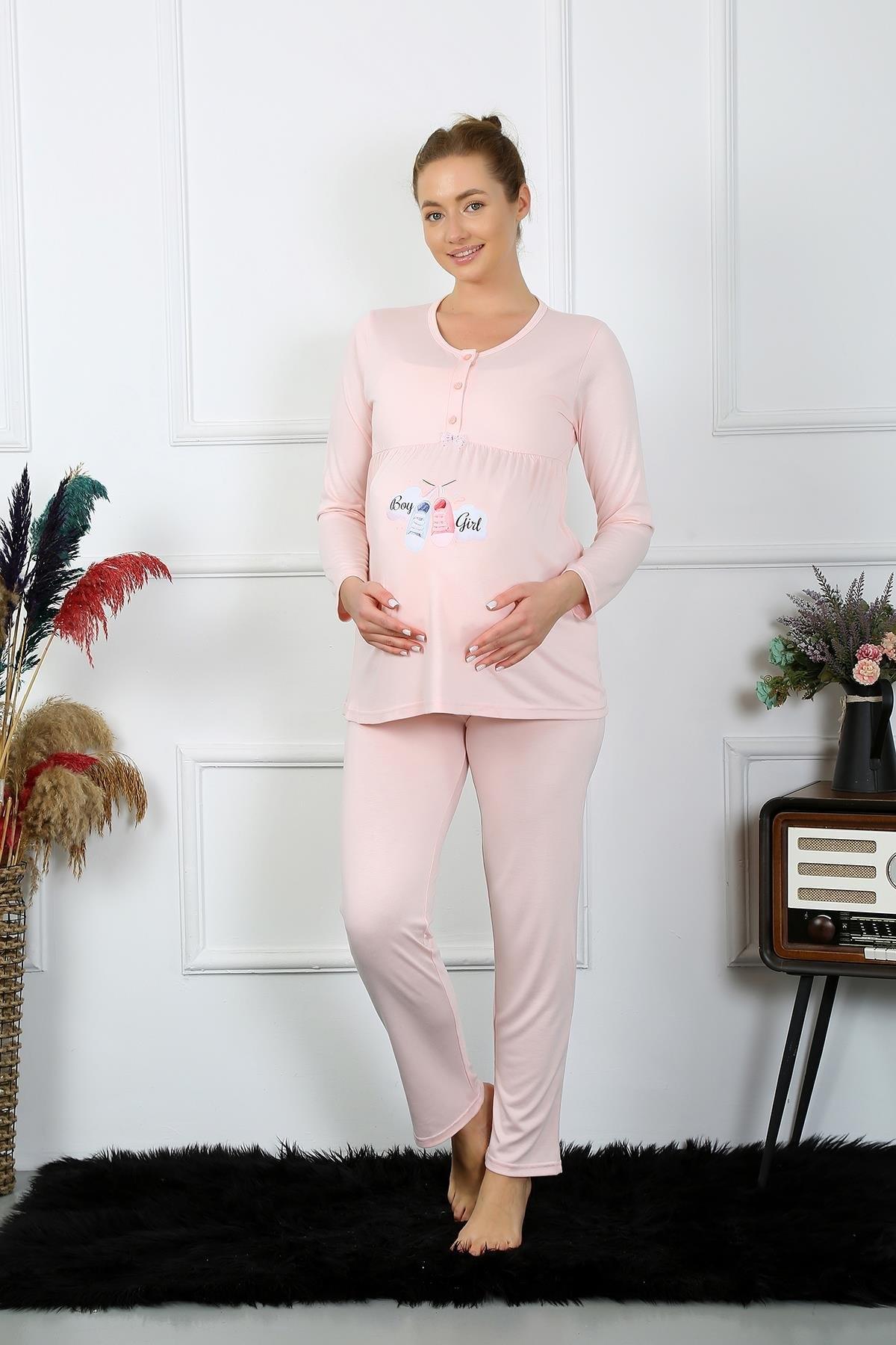 Uzun Kollu Hamile Lohusa Pijama Takımı Pudra Akbeniz 45501 - Pudra