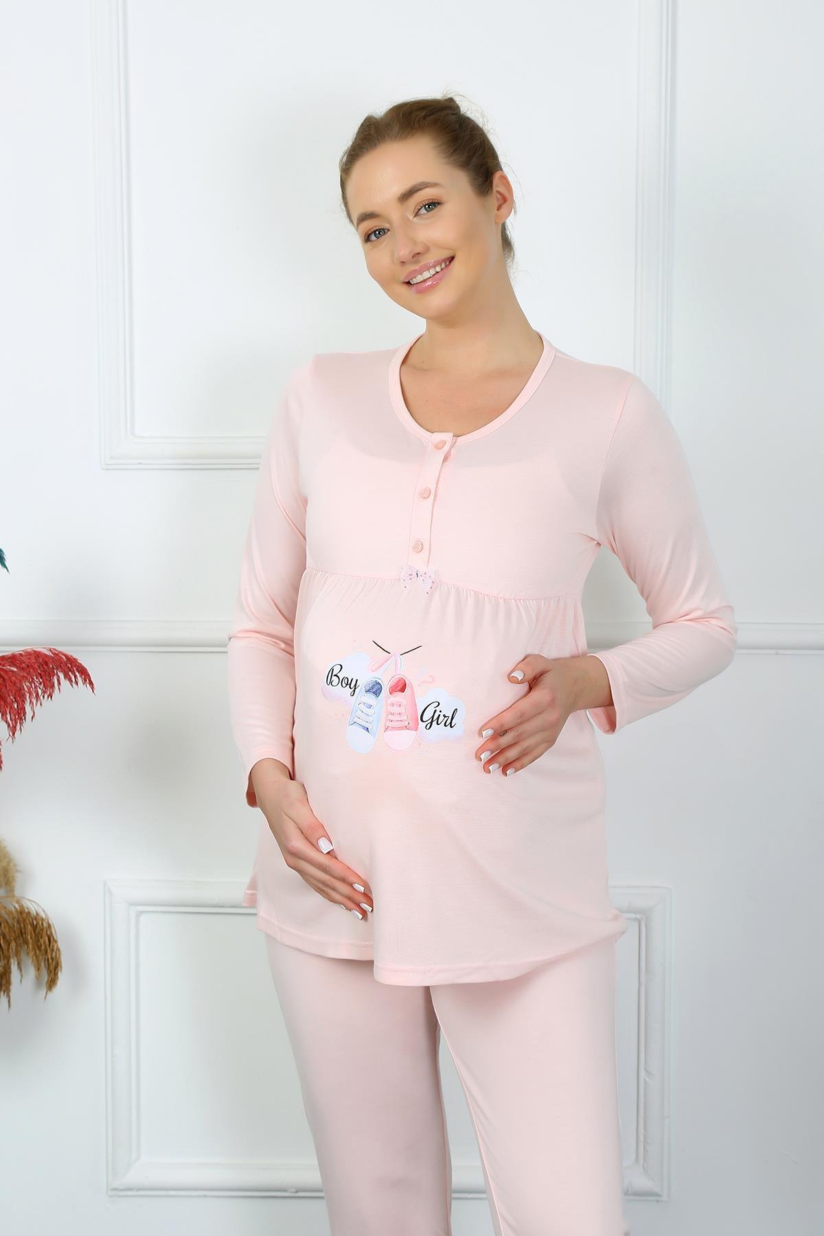 Uzun Kollu Hamile Lohusa Pijama Takımı Pudra Akbeniz 45501 - Pudra