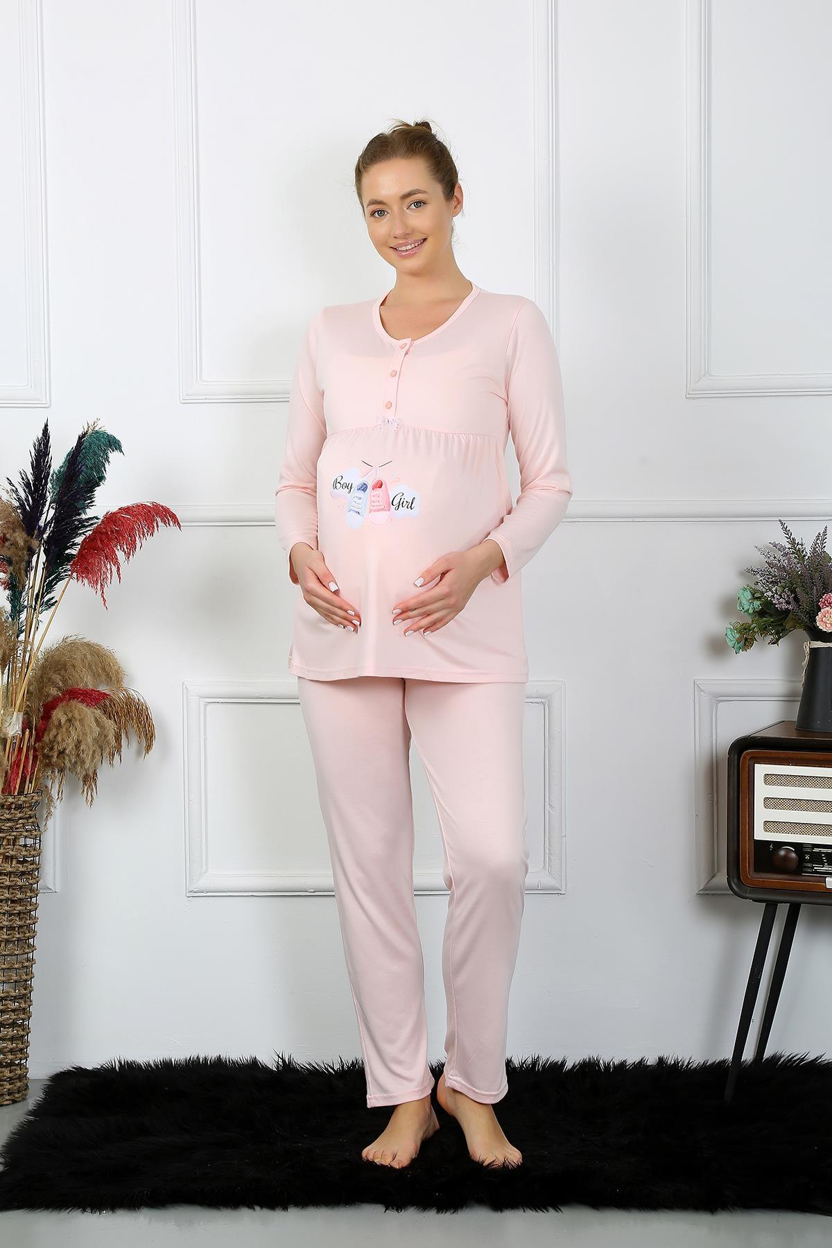 Uzun Kollu Hamile Lohusa Pijama Takımı Pudra Akbeniz 45501 - Pudra