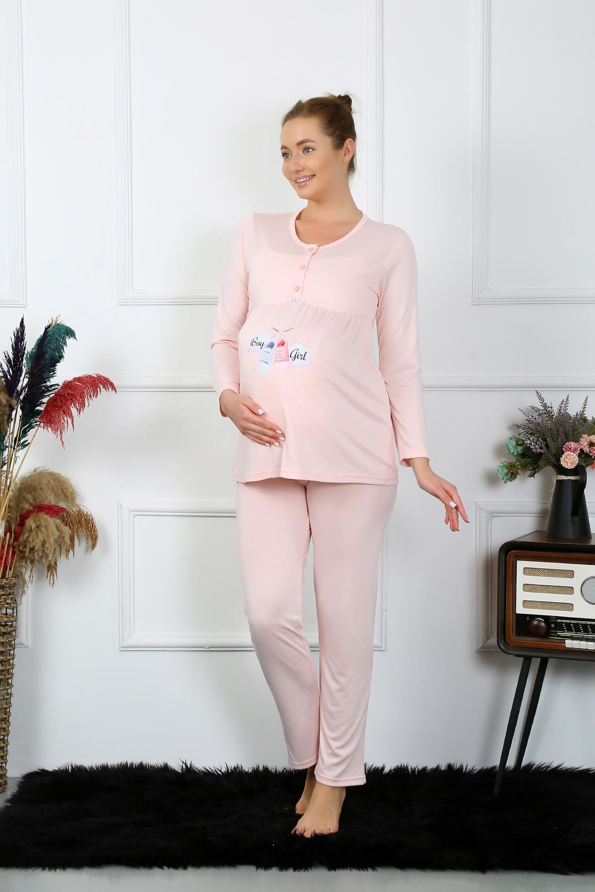 Uzun Kollu Hamile Lohusa Pijama Takımı Pudra Akbeniz 45501 - Pudra