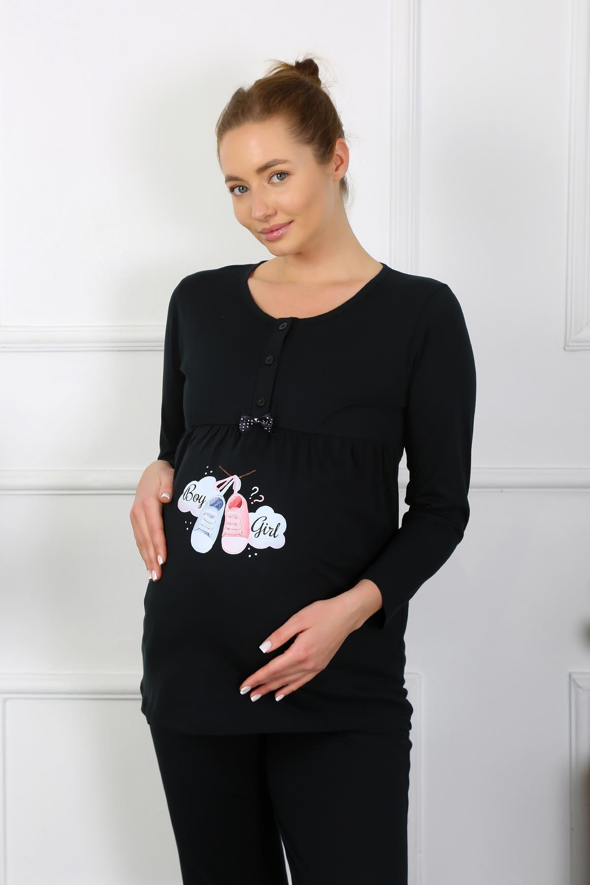 Patik Desenli Uzun Kollu Hamile Lohusa Pijama Takımı Siyah Akbeniz 45501 - Siyah