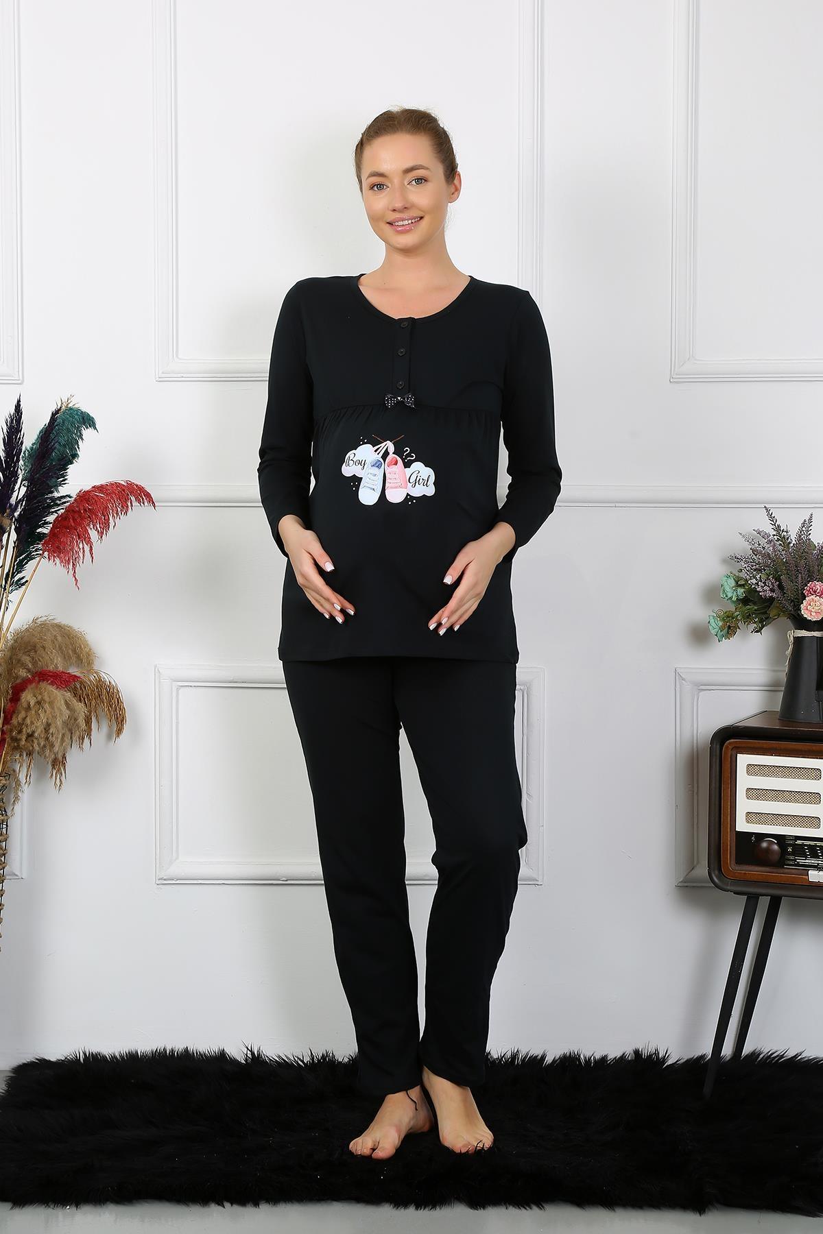 Patik Desenli Uzun Kollu Hamile Lohusa Pijama Takımı Siyah Akbeniz 45501 - Siyah