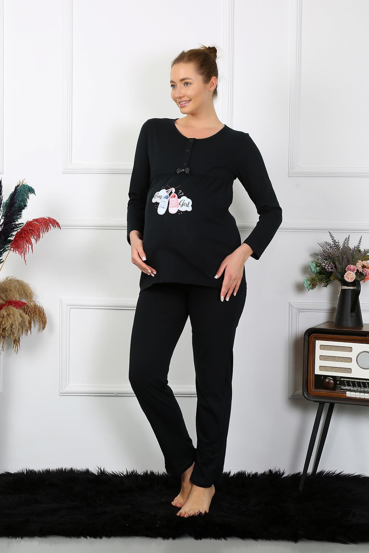 Patik Desenli Uzun Kollu Hamile Lohusa Pijama Takımı Siyah Akbeniz 45501 - Siyah