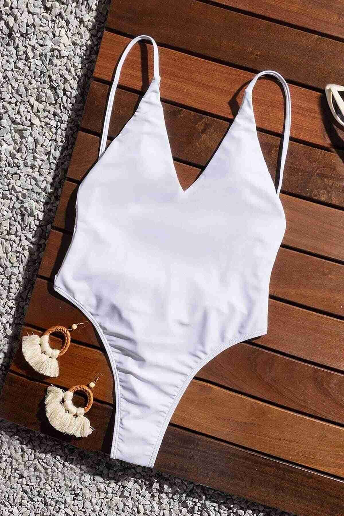 Angelsin V Yaka Sırt Dekolteli Brazilian Kesim Mayo MS 4361 - Beyaz - Beyaz