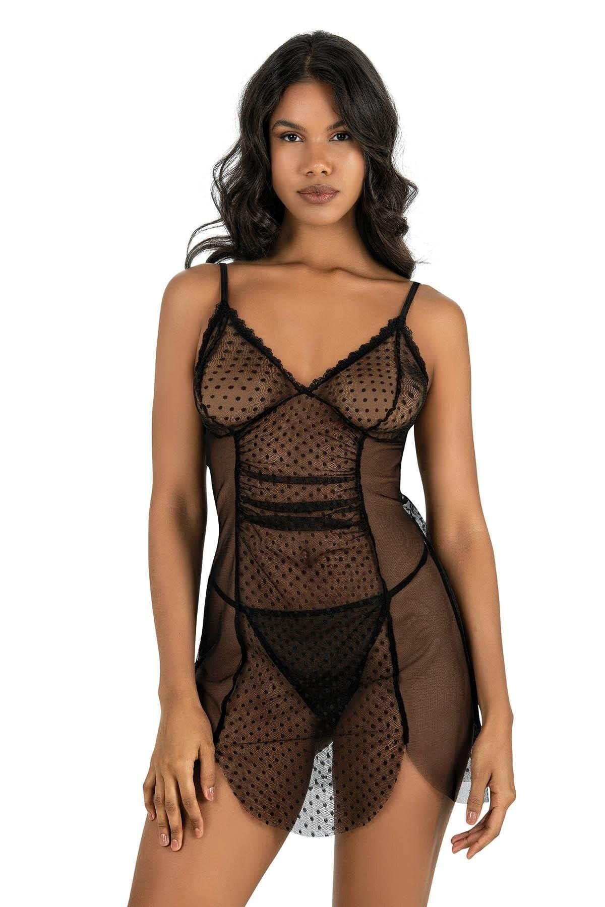 Asimetrik Kesim Siyah Kısa Tül Gecelik Ahu 4219 - Siyah