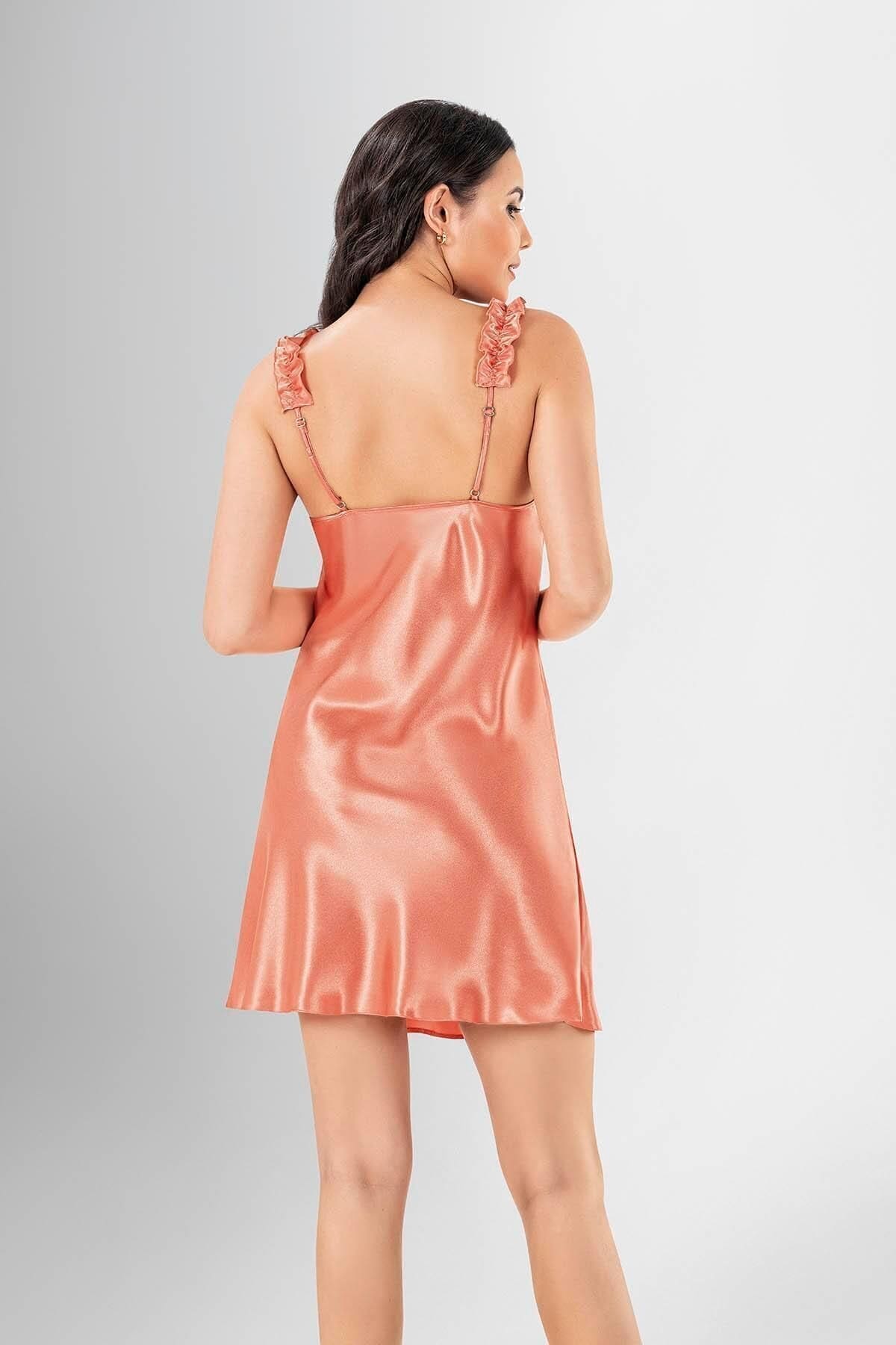 Büzgülü Askılı Kısa Gecelik Sabahlık Takımı Bordo Ahu 1962 - Somon