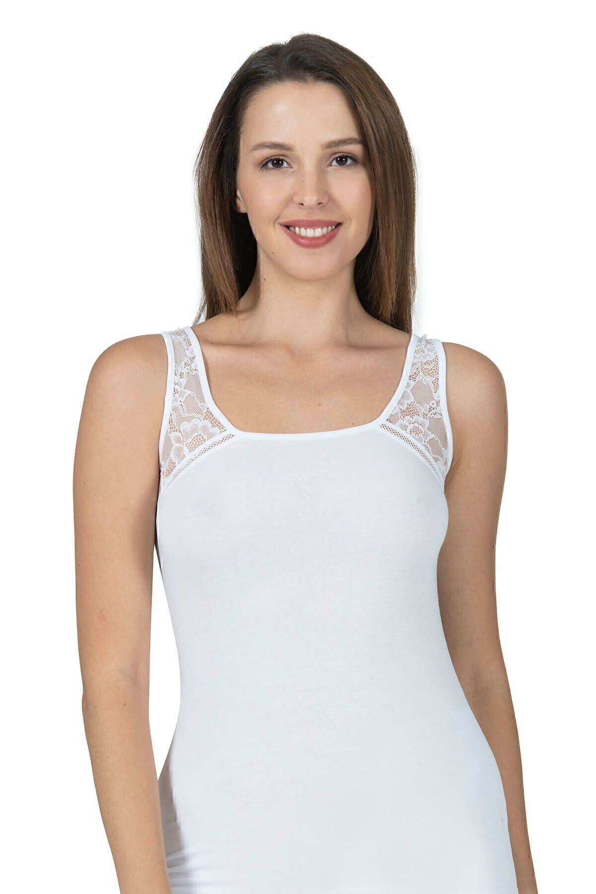 Pamuklu Dantel Detaylı Kalın Askılı Kadın Atlet Özkan 25520 - Beyaz