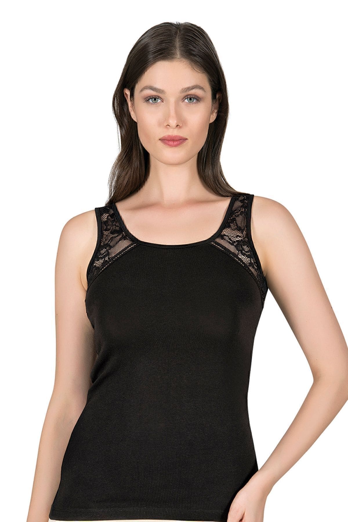 Pamuklu Dantel Detaylı Kalın Askılı Kadın Atlet Özkan 25520 - Siyah