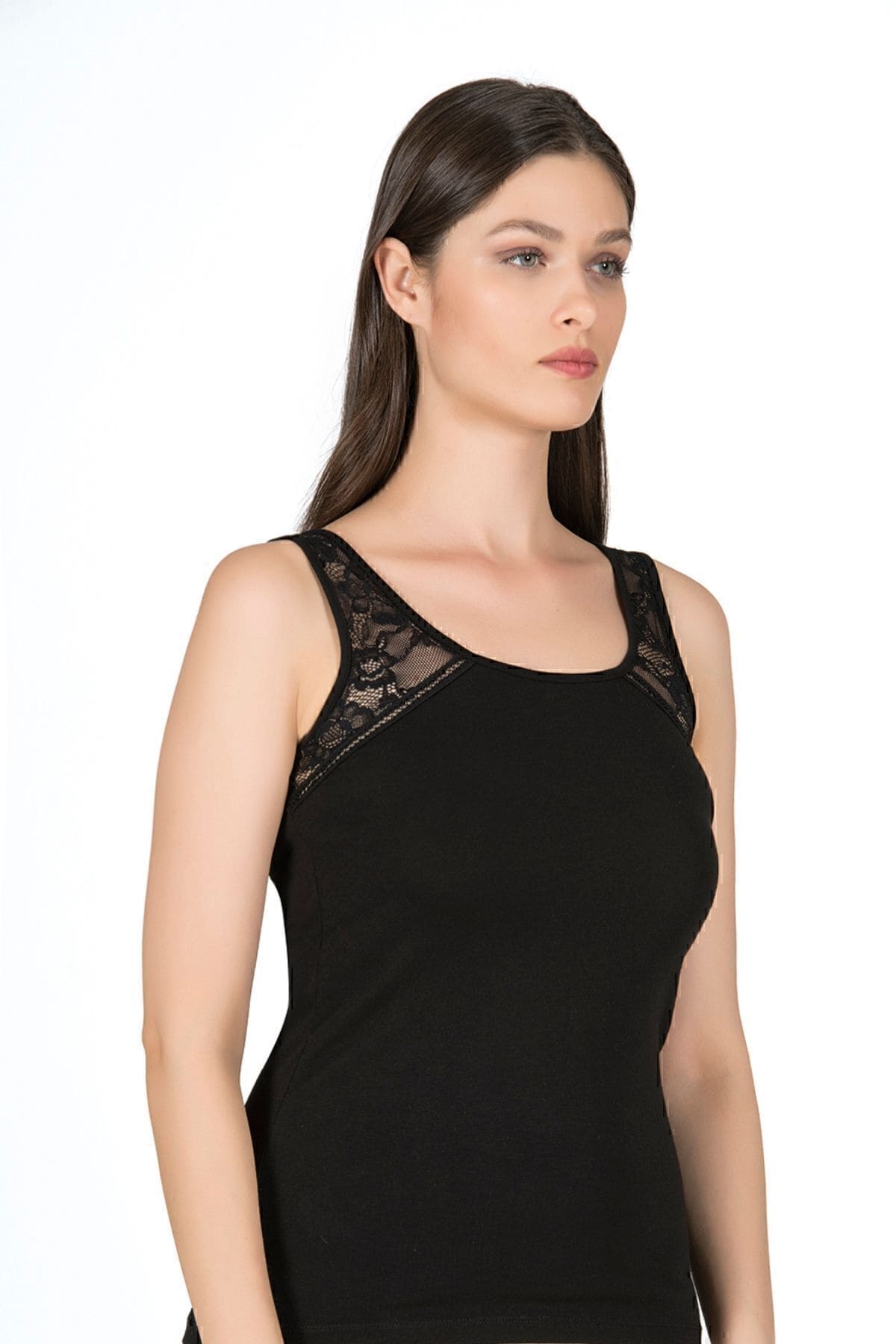 Pamuklu Dantel Detaylı Kalın Askılı Kadın Atlet Özkan 25520 - Siyah