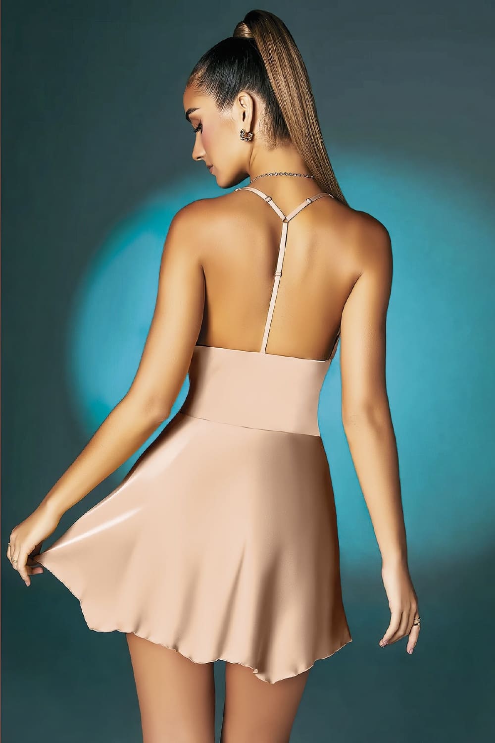 Askılı Degajeli Mini Elbise Bordo Pink Night 3377 - Somon