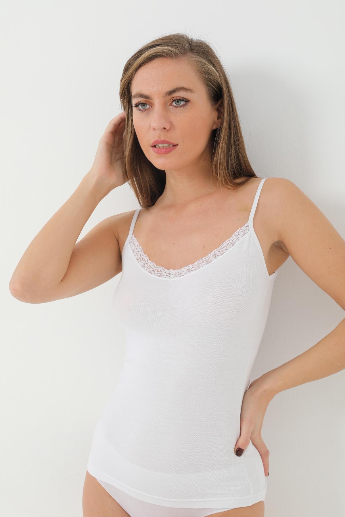 Bambu Dantelli V Yaka İp Askılı Atlet Arma Yıldız 3704 - Beyaz