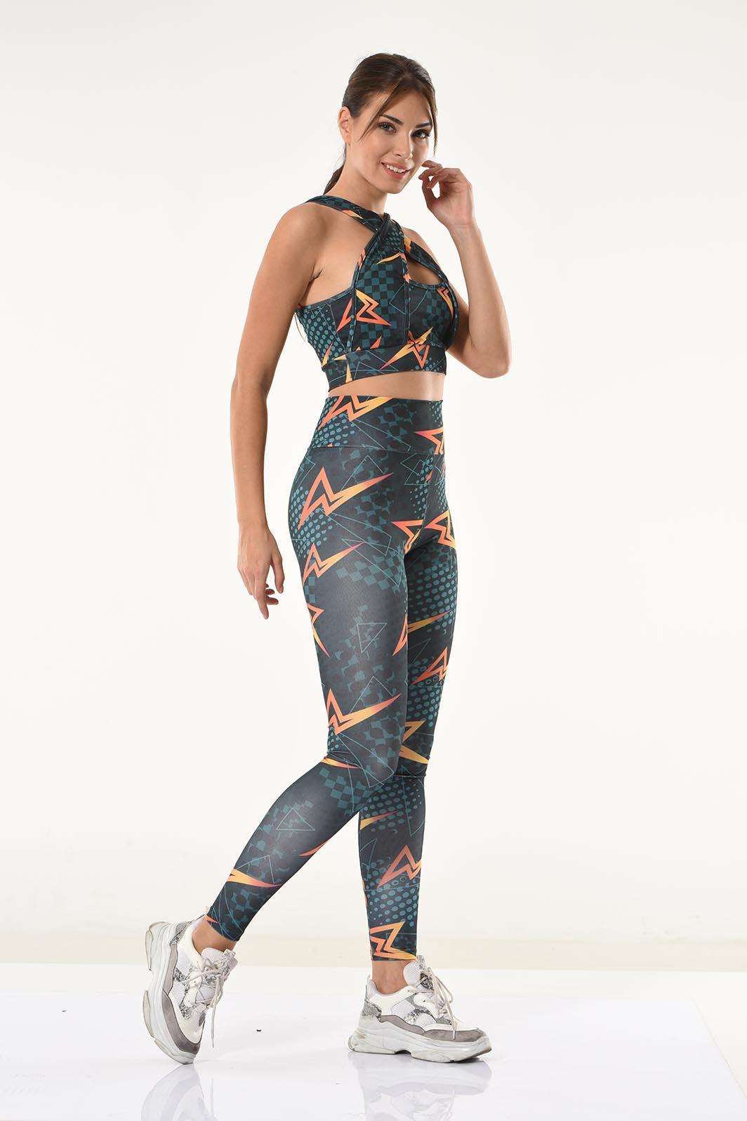 Derya Kurşun Yüksek Bel Şimşek Baskılı Tayt Büstiyer Takım Derya 531 - Görsel 4