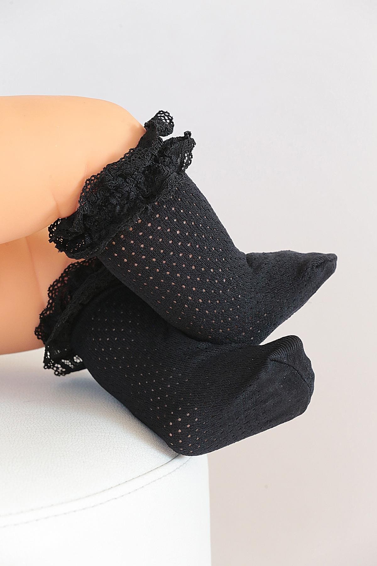 File Dantelli Dizaltı Çorap Siyah Polyamid Elastane Daymod 2223012 - Siyah