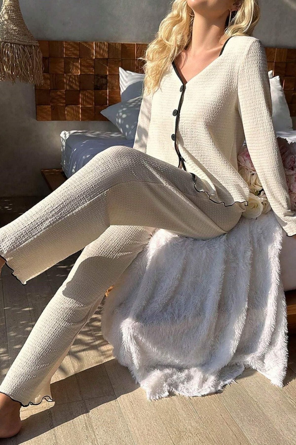 Açık Bej Konforlu Ev Giyim Pijama Takımı Bella Notte 7050 - Açik Bej