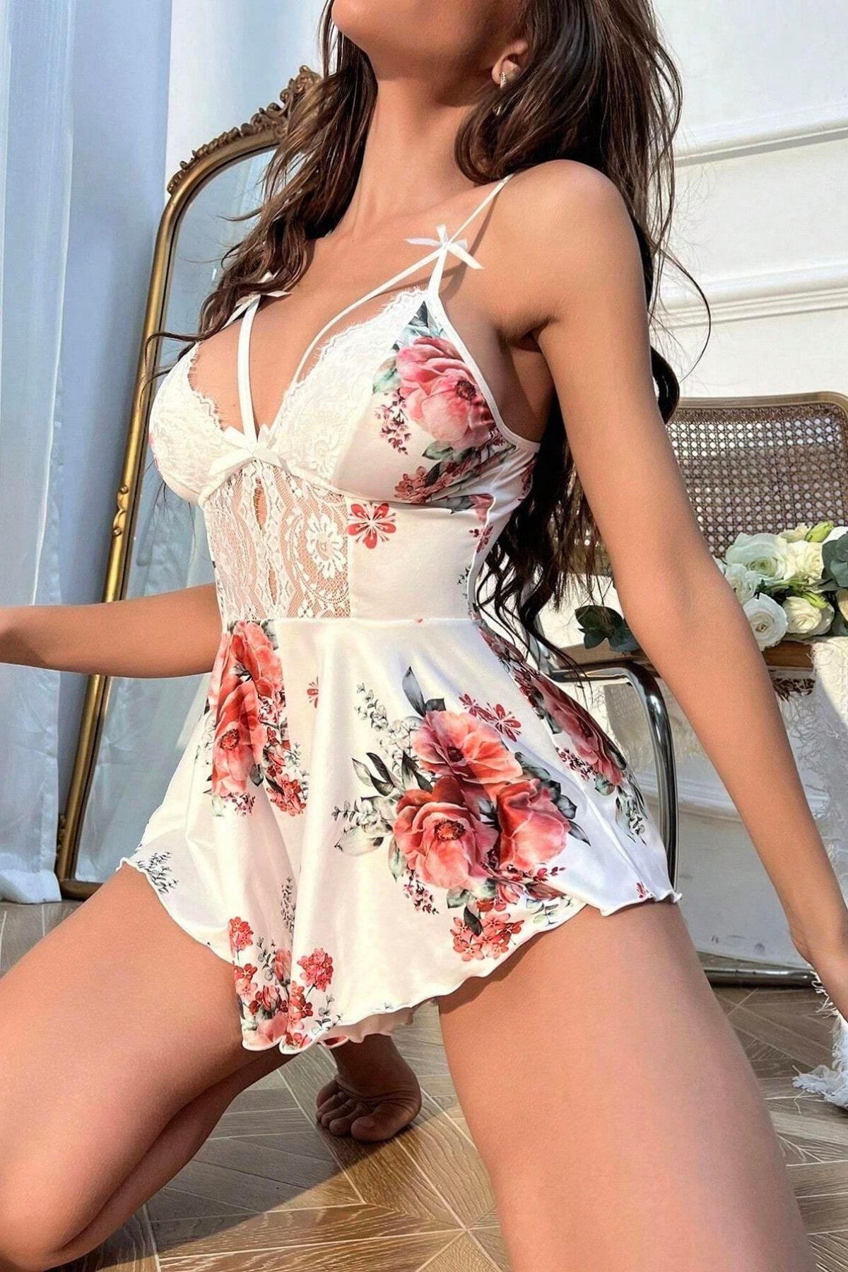 Beyaz Çiçek Desenli Tulum Bella Notte15099 - Beyaz