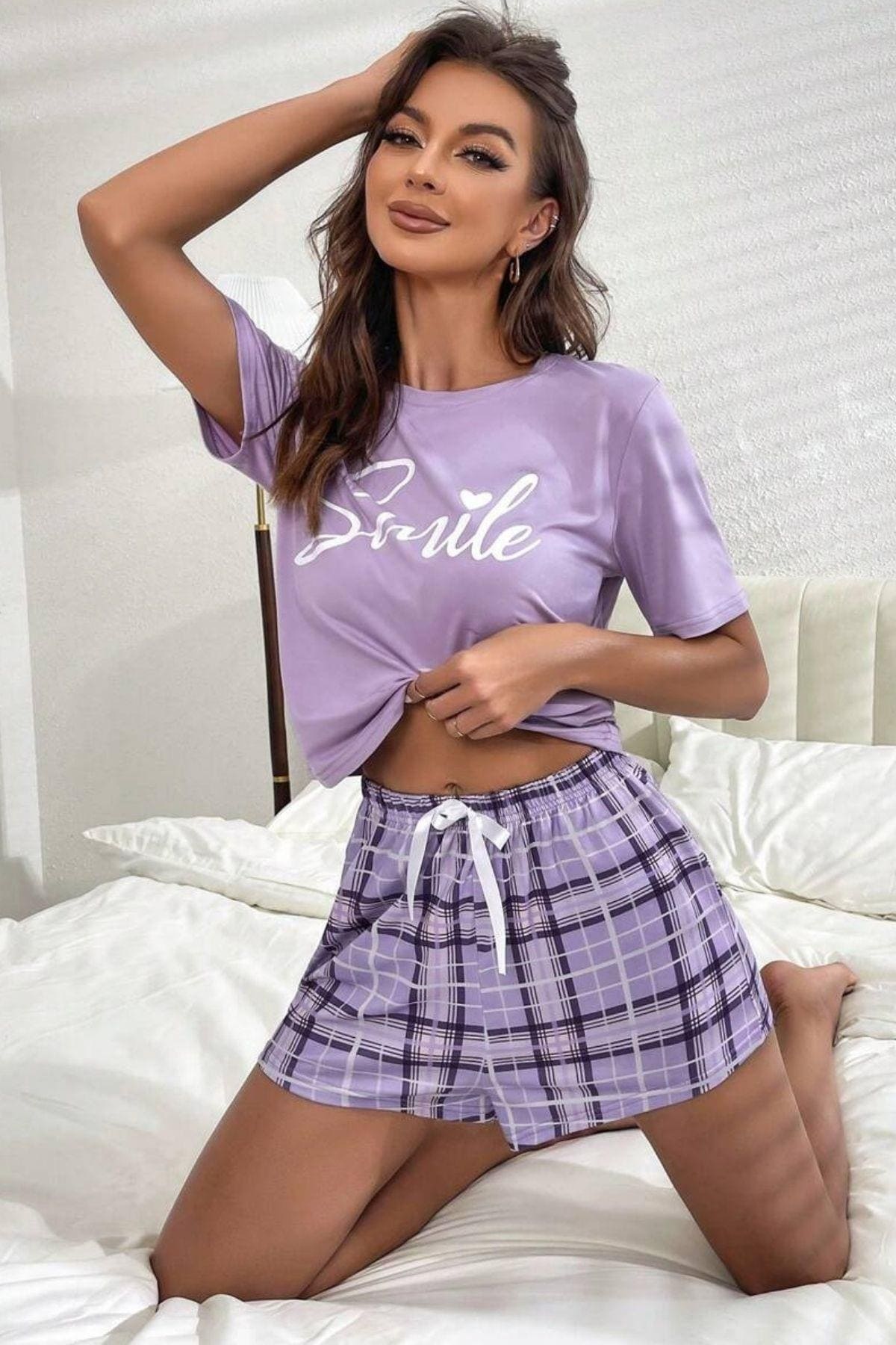 Lila Ekoseli Şort Takım Bella Notte 7530 - Lila