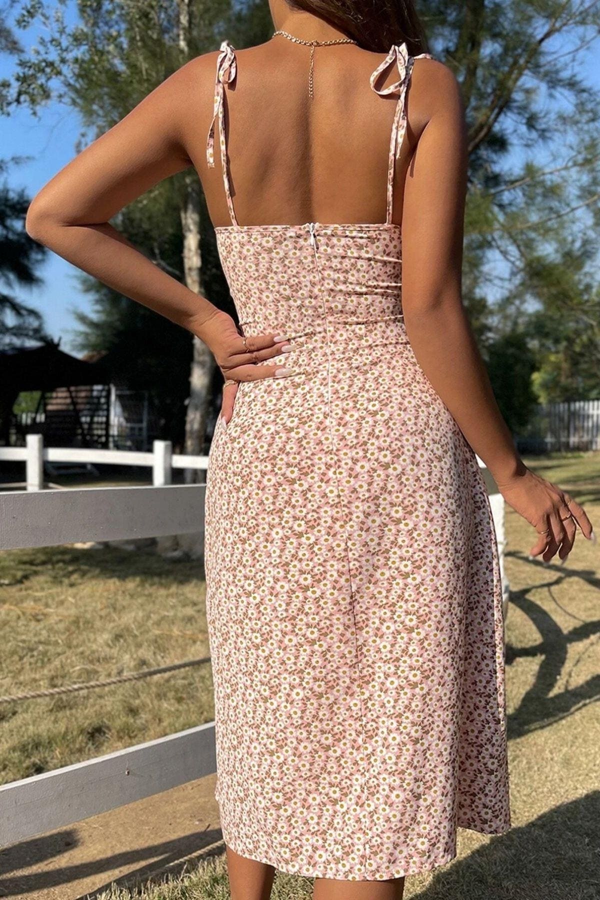 Pembe Bahar Yırtmaçlı Elbise Bella Notte E-5501 - Pembe