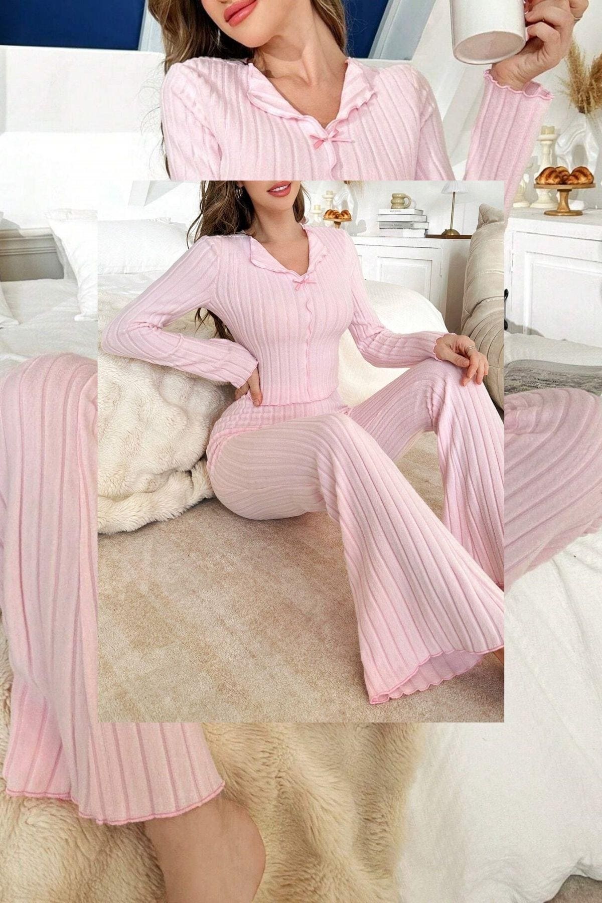 Pembe Fiyonk Detaylı Pamuklu Pijama Takımı Bella Notte 7097 - Pembe