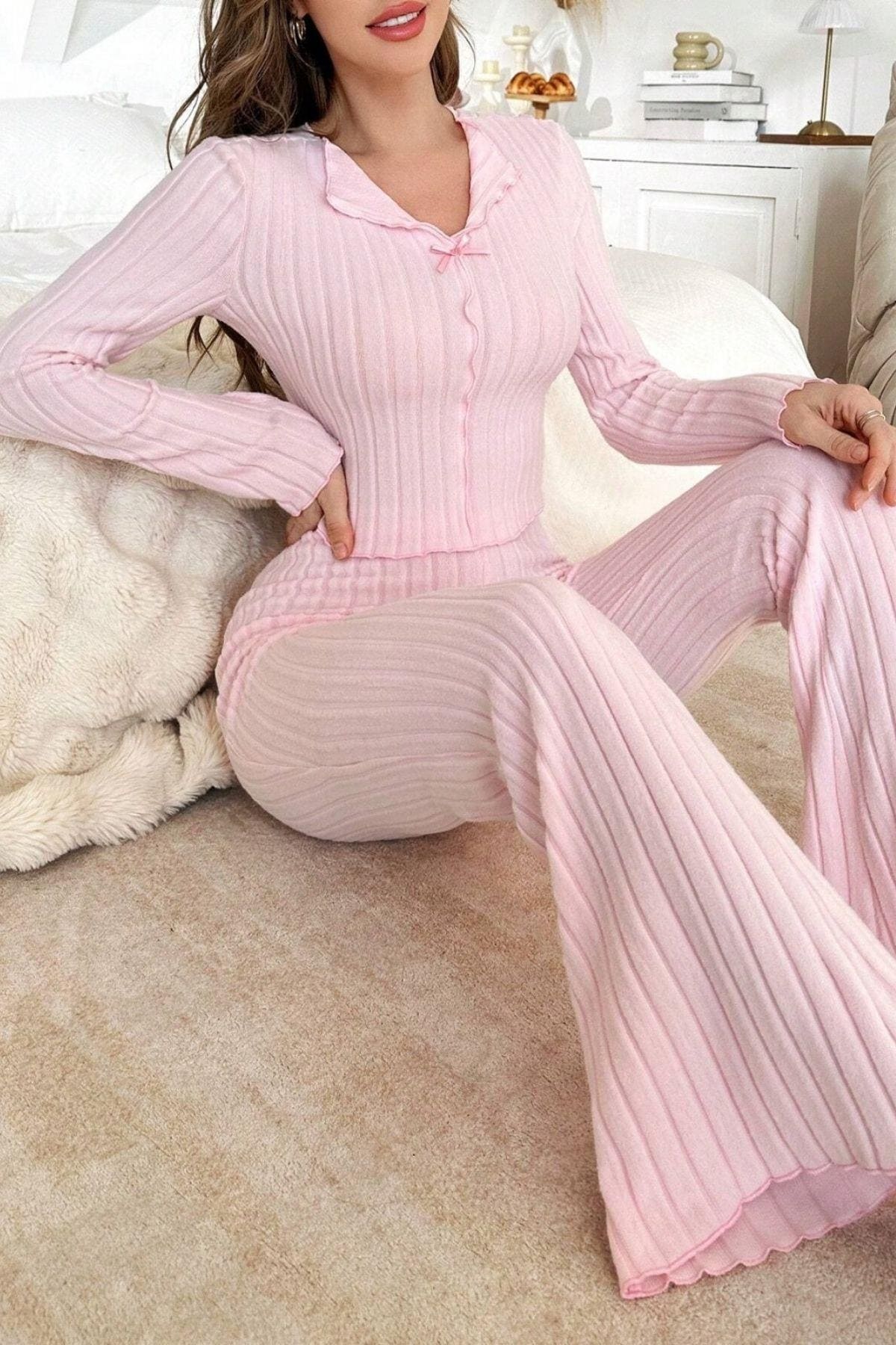 Pembe Fiyonk Detaylı Pamuklu Pijama Takımı Bella Notte 7097 - Pembe