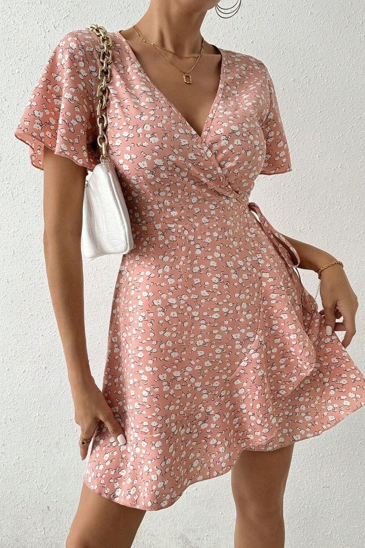 Kısa Kollu Anvelop Mini Kadın Elbise Bella Notte 5503 - Pembe