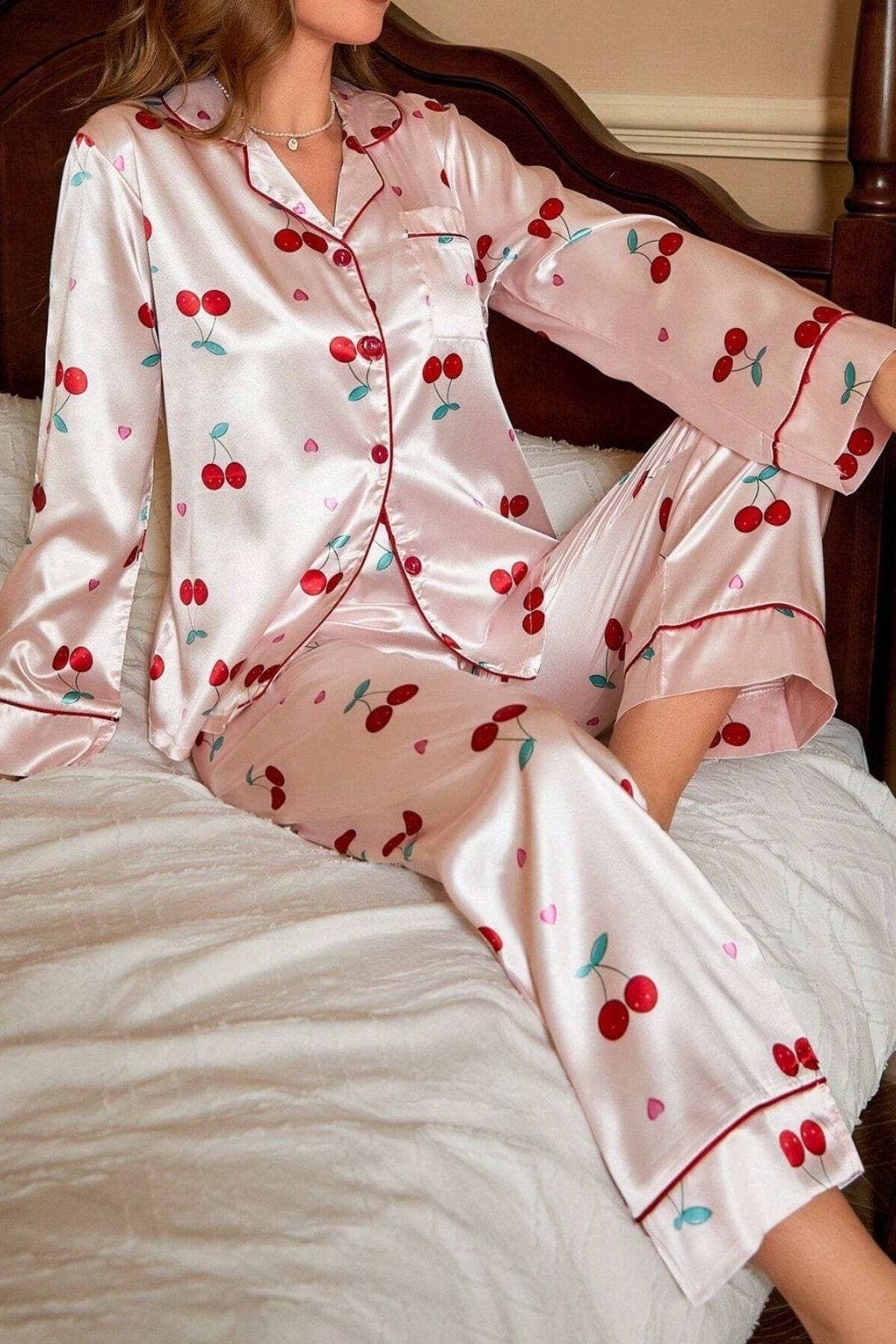 Kiraz Desenli Saten Toz Pembe Pijama Takımı Bella Notte 7065 - Pembe