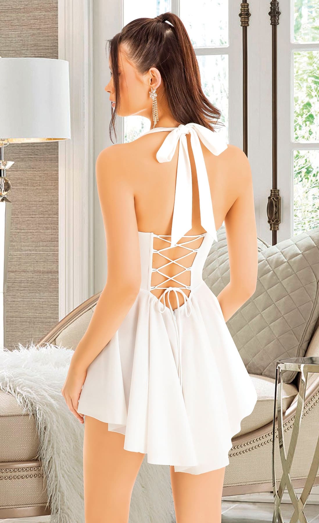 Boyun Askılı Beyaz Mini Elbise Pink Night 3339 - Beyaz