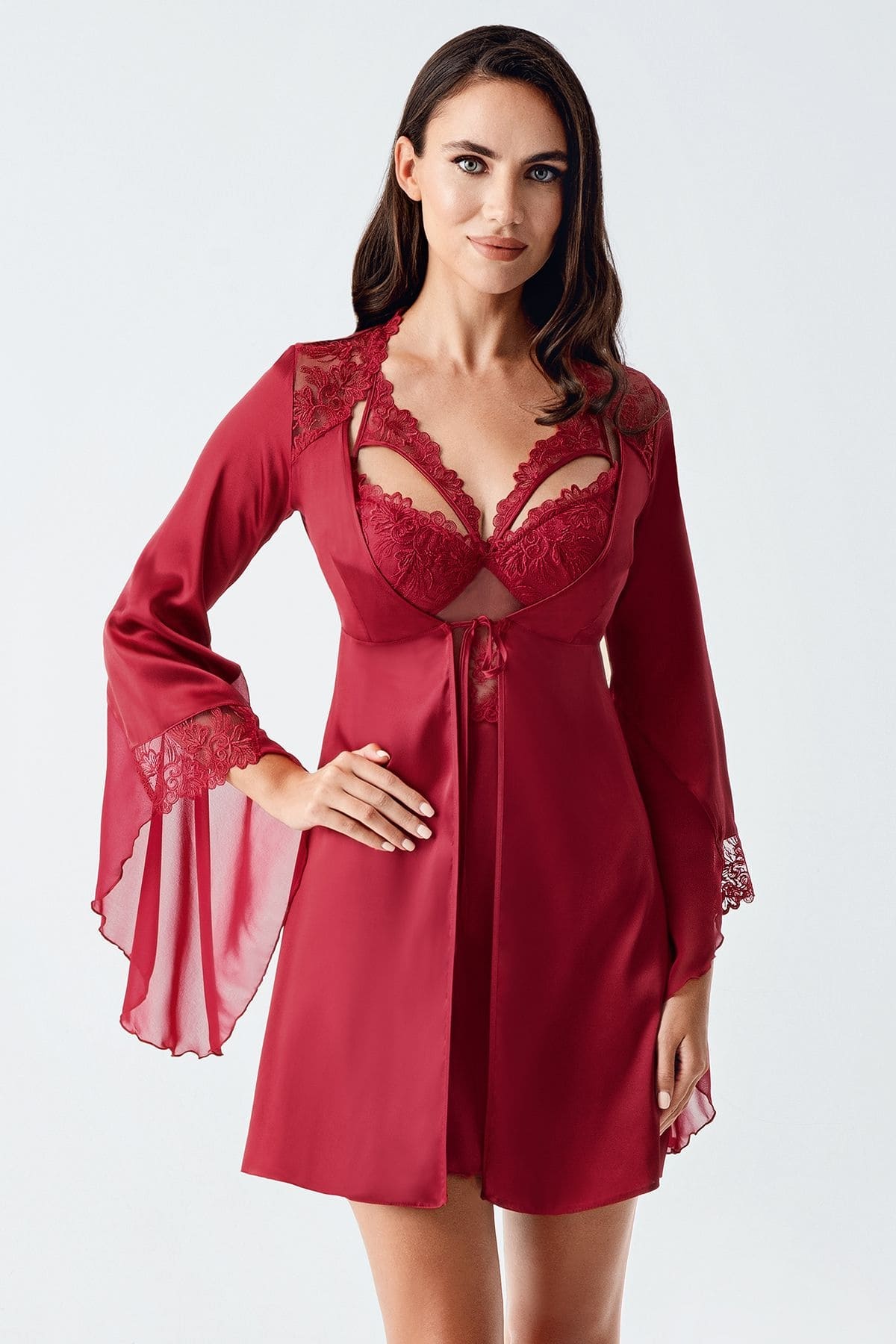 Bordo Tül Dantel Detaylı Saten Gecelik Takım İmaj 104 - Bordo