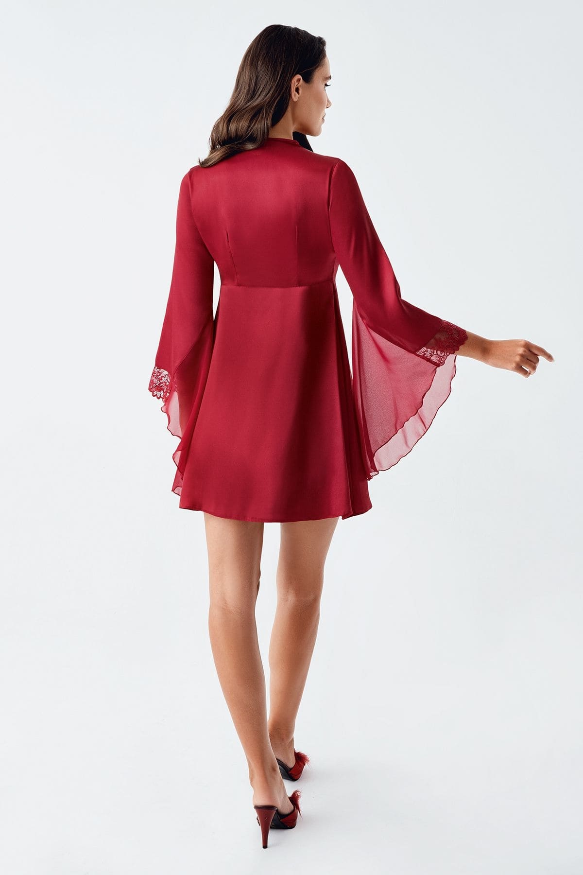 Bordo Tül Dantel Detaylı Saten Gecelik Takım İmaj 104 - Bordo