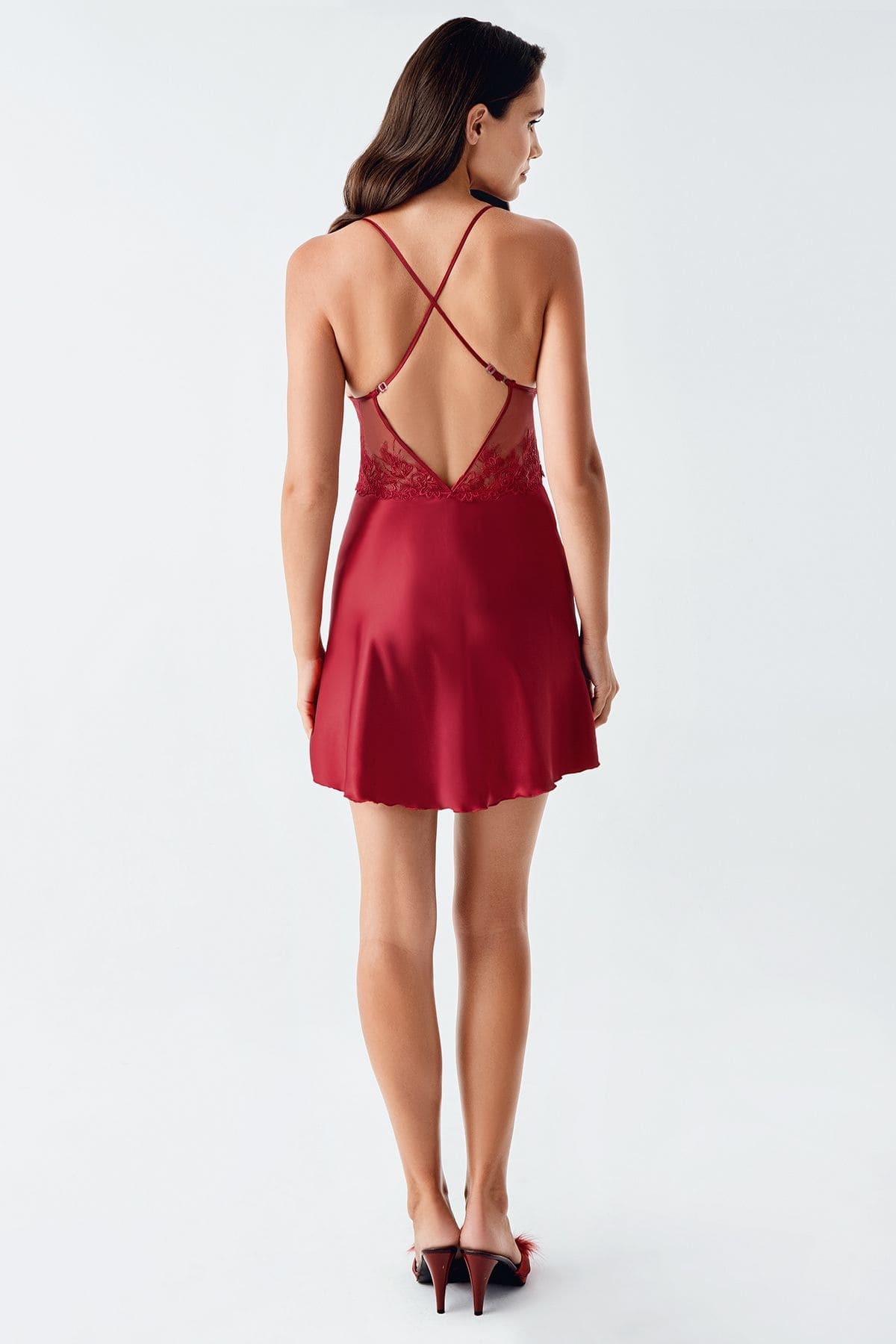 Bordo Tül Dantel Detaylı Saten Gecelik Takım İmaj 104 - Bordo