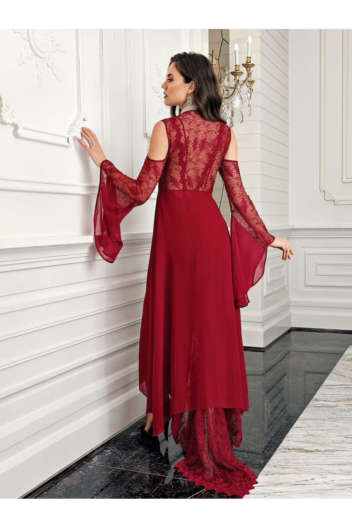 Bordo Transparan Dantel Saten Gecelik Takım İmaj 3204 - Bordo