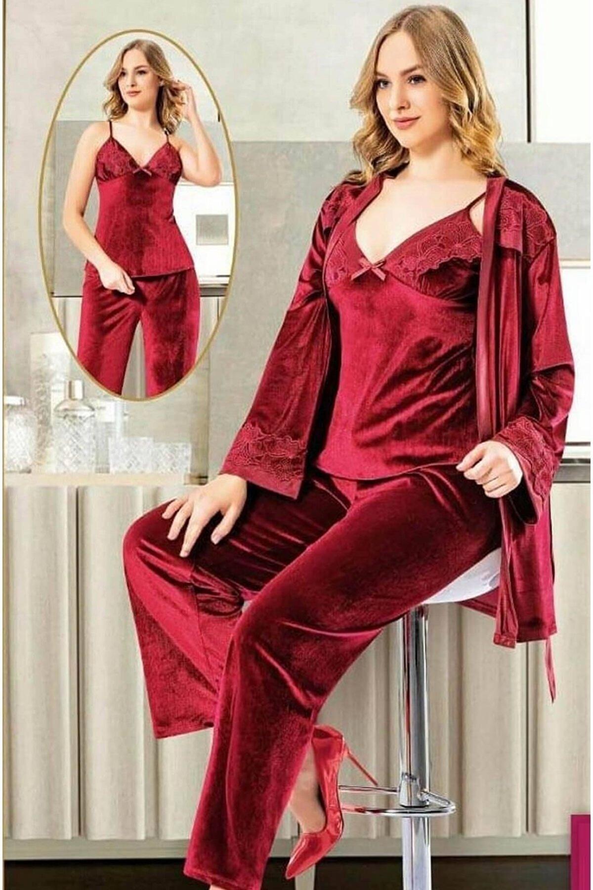 Bordo Kadife 3'lü Pijama Takımı XSES 5100 - Bordo