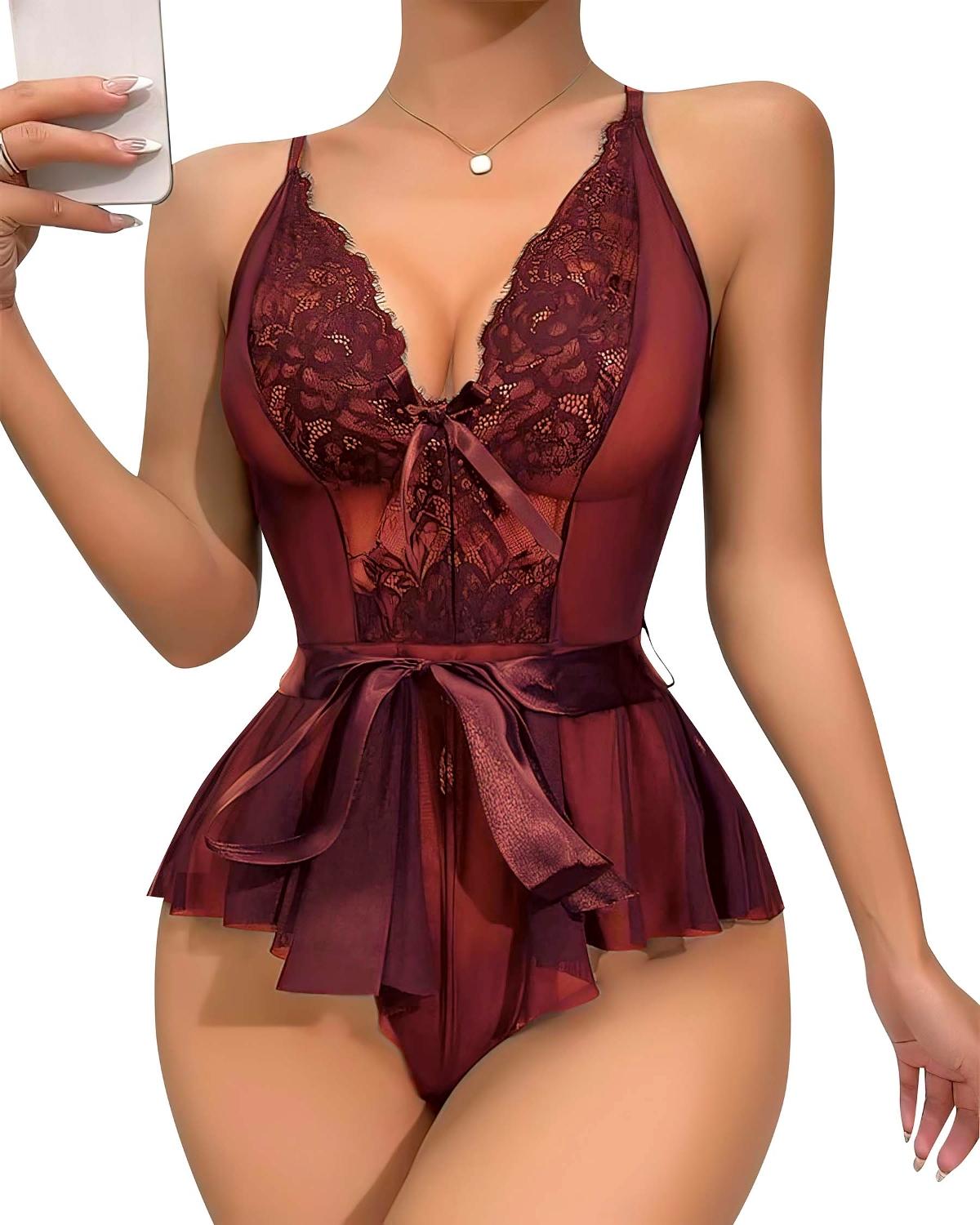 Bordo Dantel Tek Parça Body Lily Bianca 1012 - Bordo
